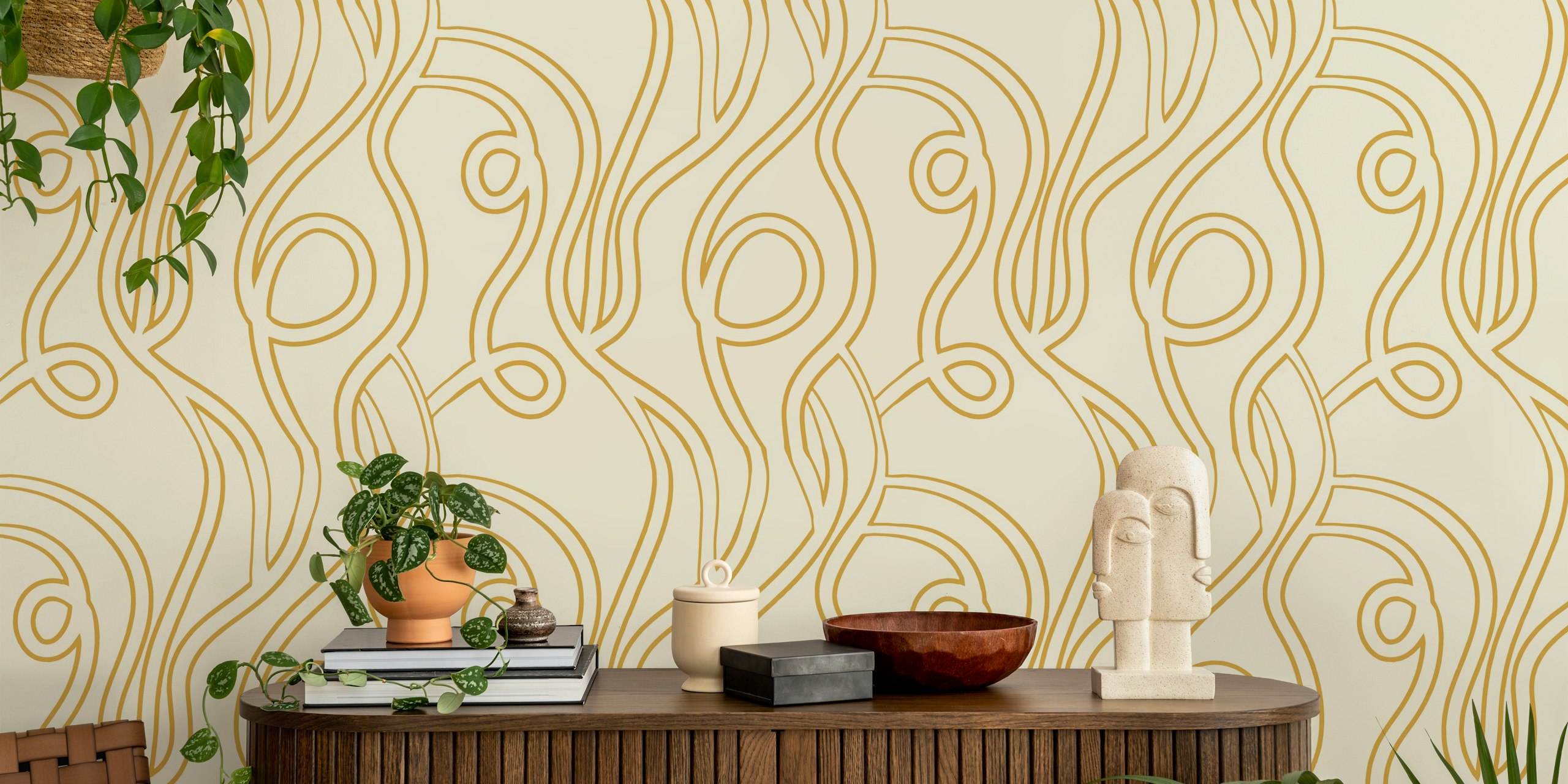 Beige wallpaper with gold minimalist line designs