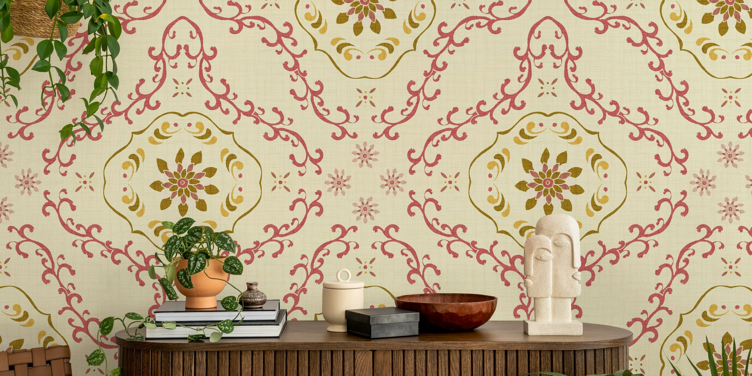 Vintage-inspired wall mural of floral tiles in pink and gold tones with olive accents on a cream background