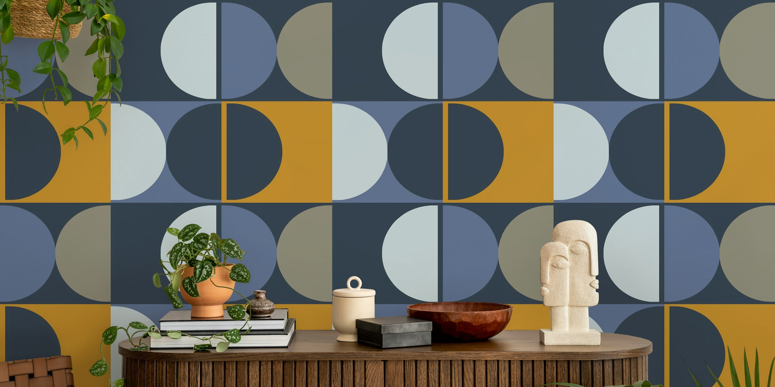 Geometric wallpaper featuring blue and gold circles in modern design