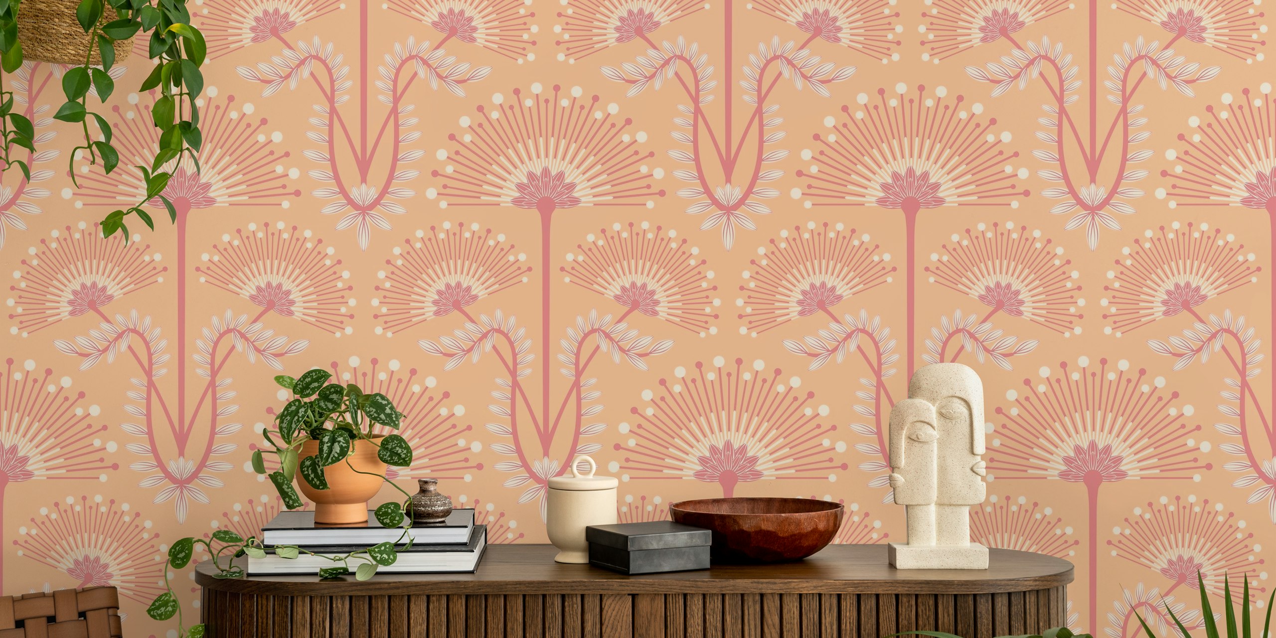 Art Deco floral wallpaper in peach with pink flowers