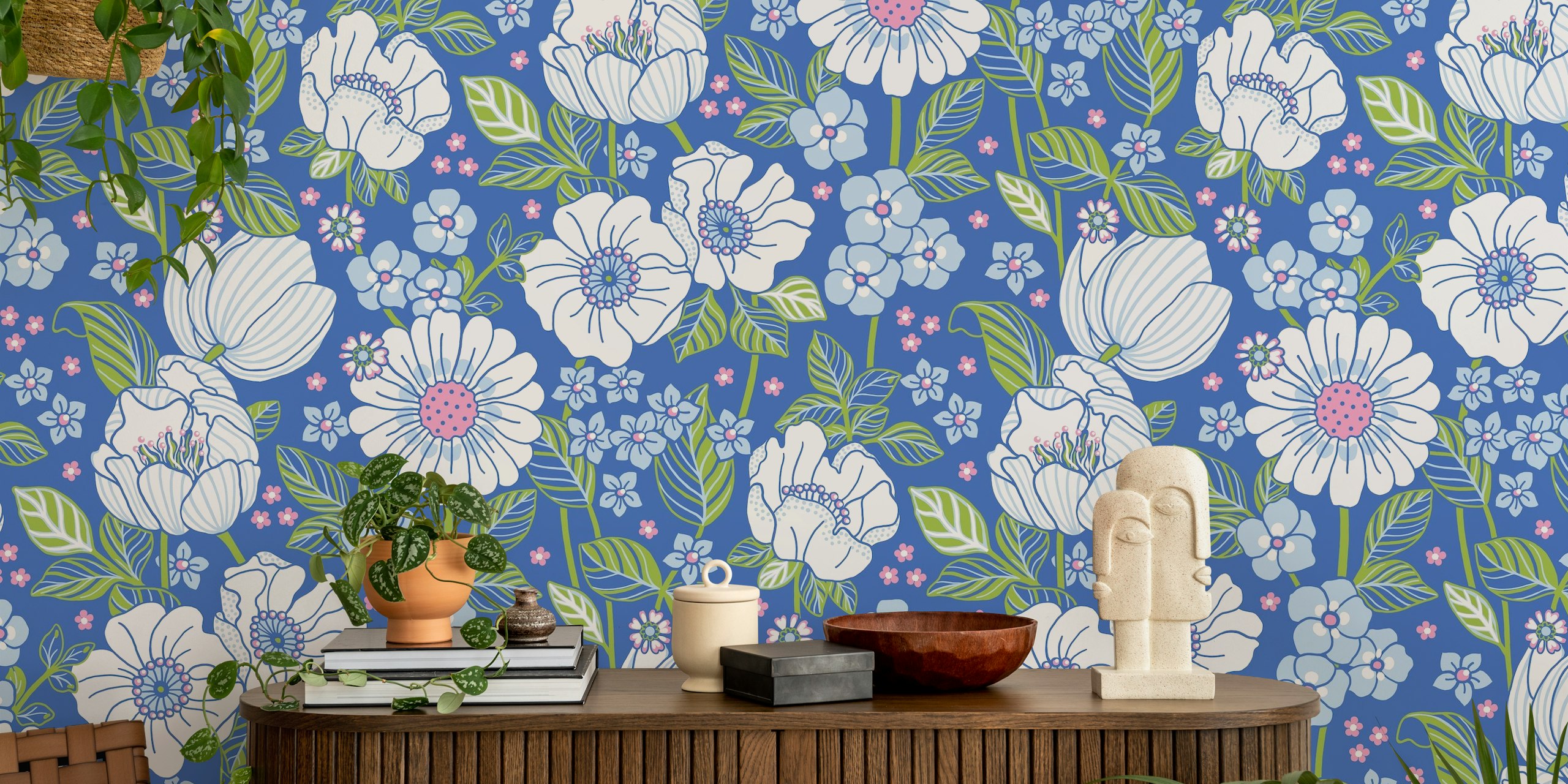 White flowers and blue blooms on blue background wallpaper