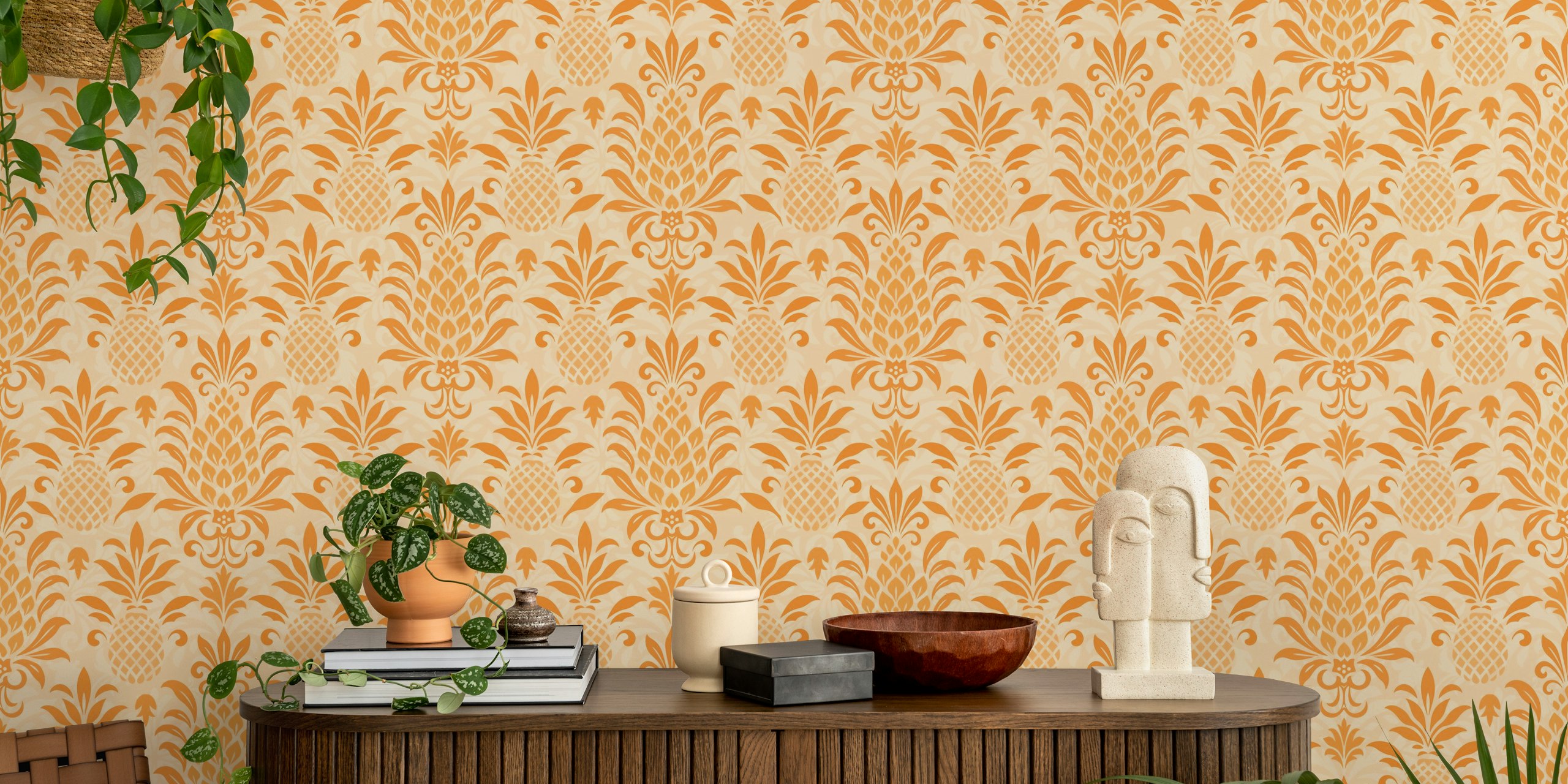 Peach and orange pineapple damask pattern wallpaper