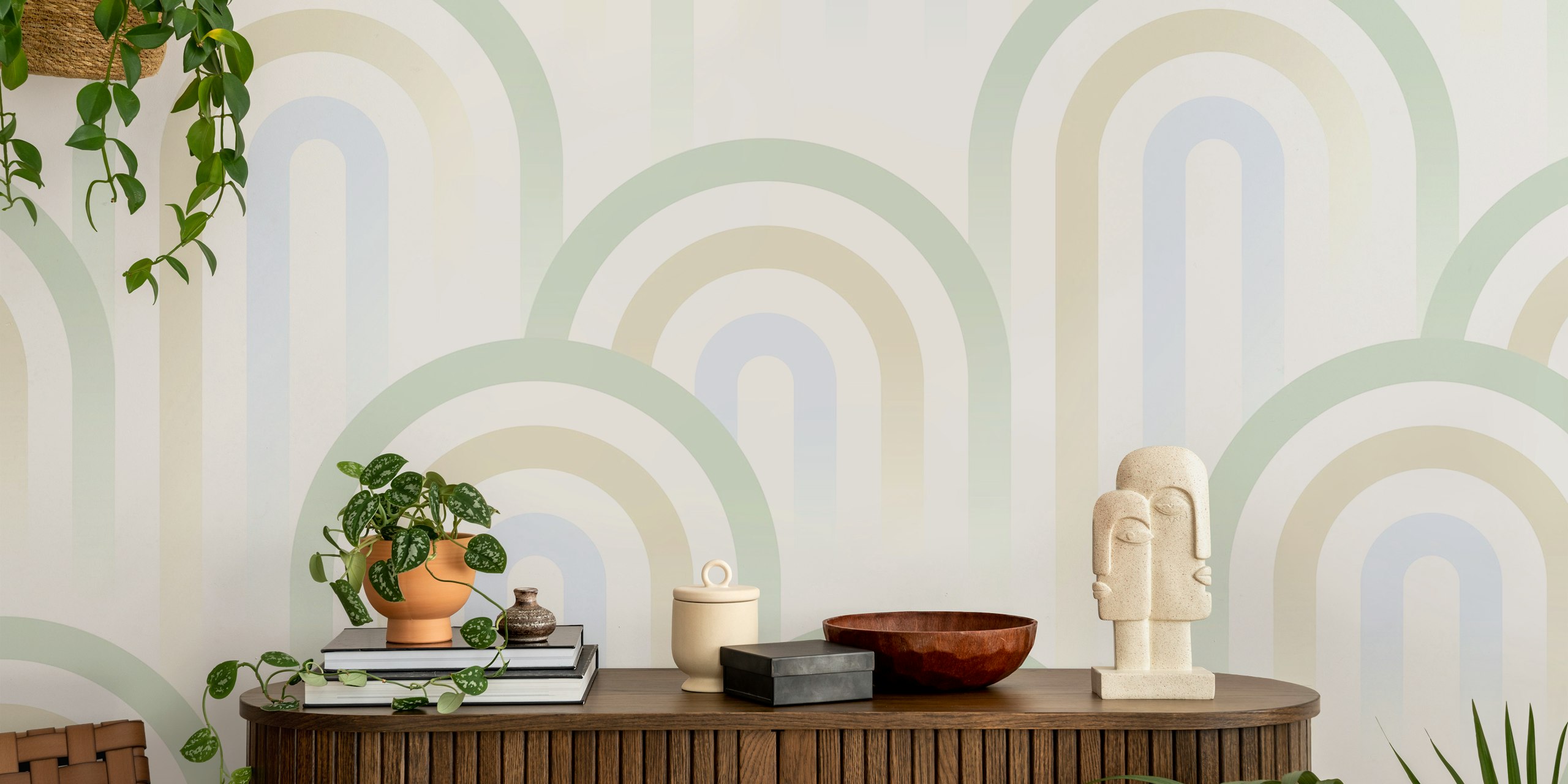 Minimal Zen Rainbow Gradient τοιχογραφία με πράσινες, μπλε, tan καμάρες