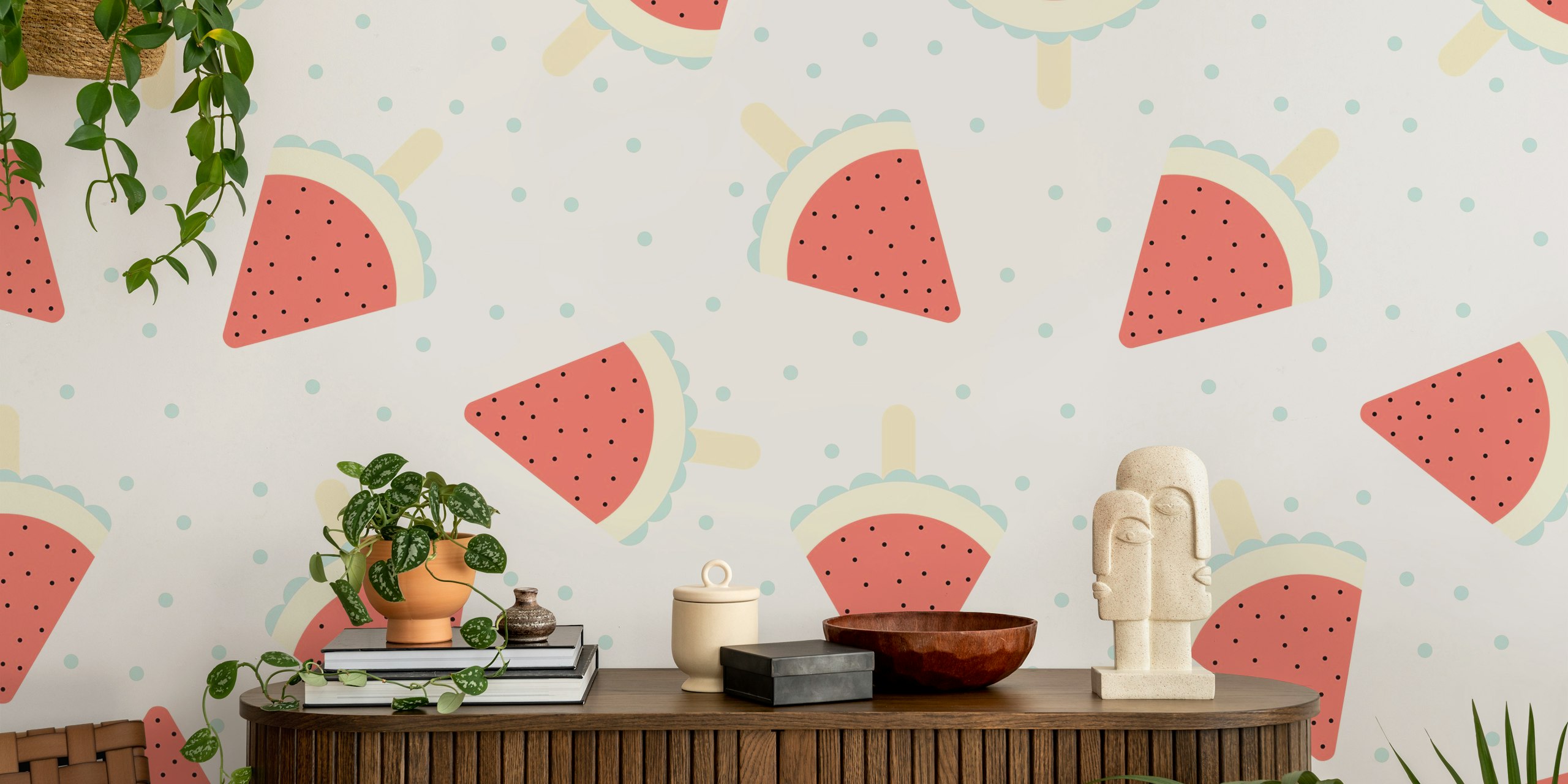 Vesimeloni mehukuvioitu ja pilkkukuvioinen seinämaalaus vaaleansinisellä taustalla