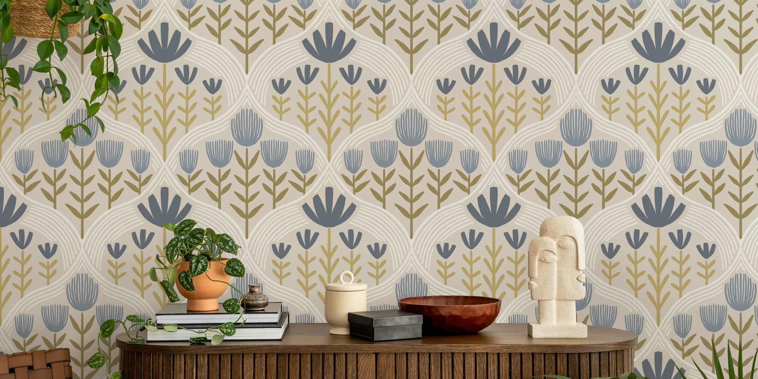 Floral pattern with blue and green elements on a grey background wallpaper