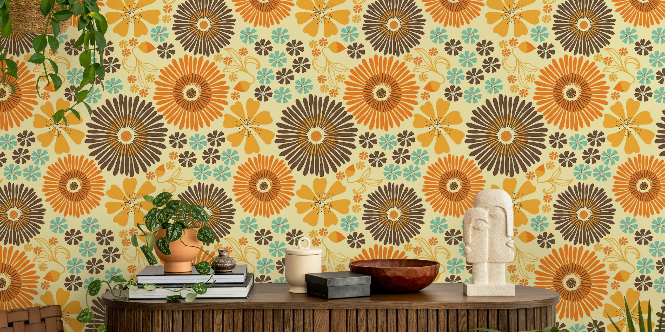 Retro floral pattern wall mural with warm yellow, orange, and brown tones