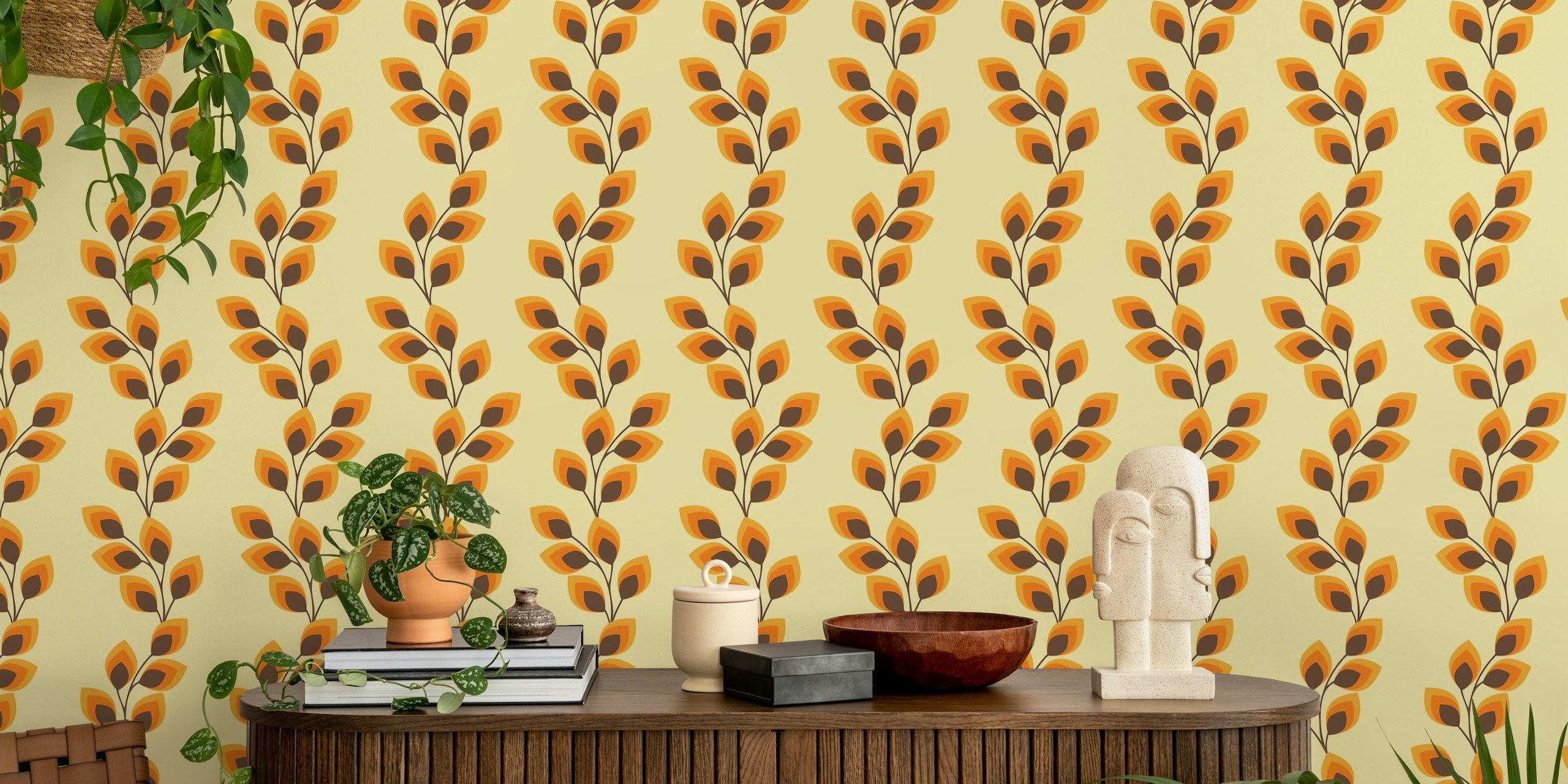 Cream vintage wallpaper with retro orange and brown wavy leaf pattern