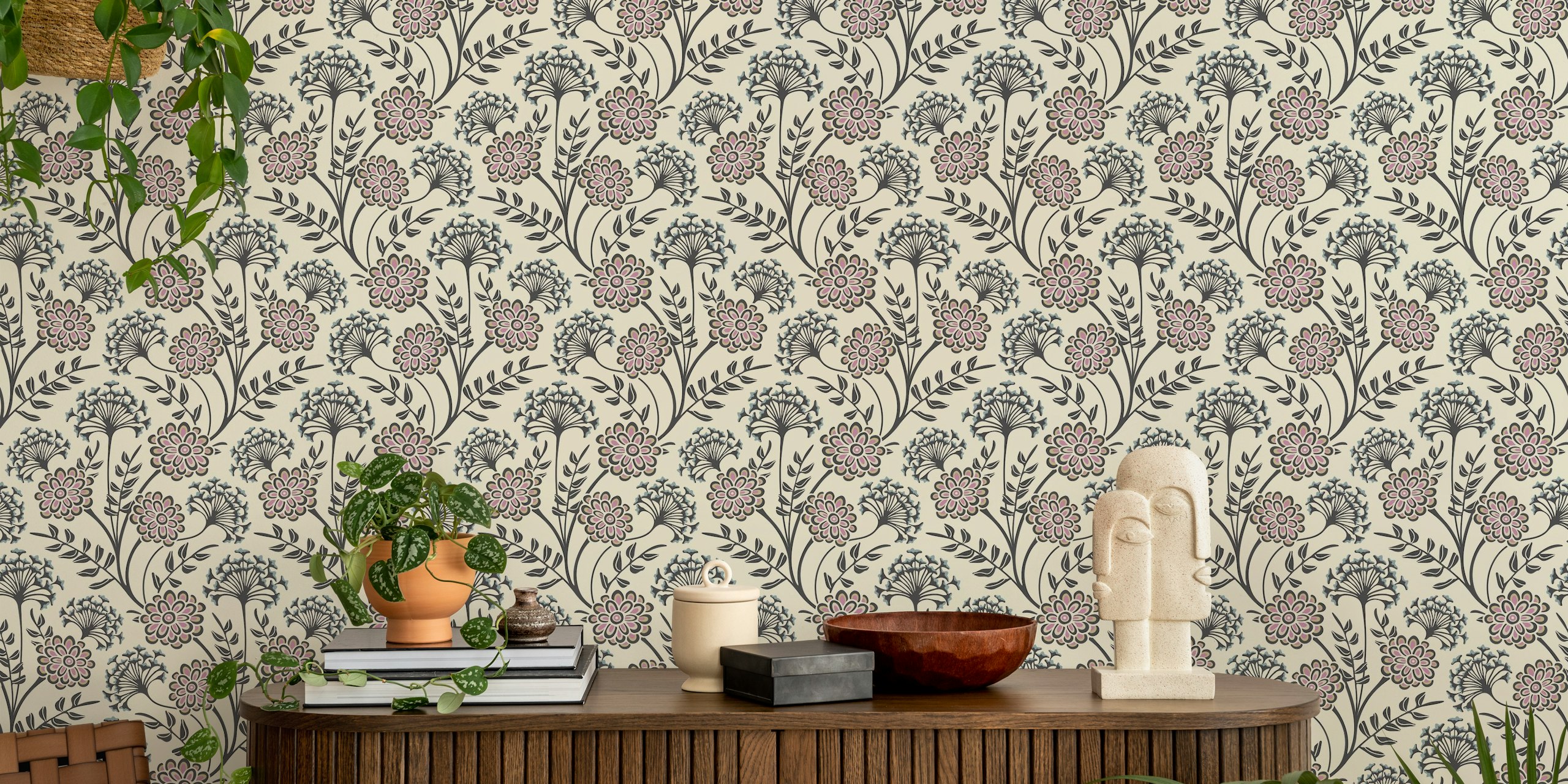 Danube Cottage Floral Ecru Cream Liten Tapet Med Rosa Och Gröna Botaniska Mönster
