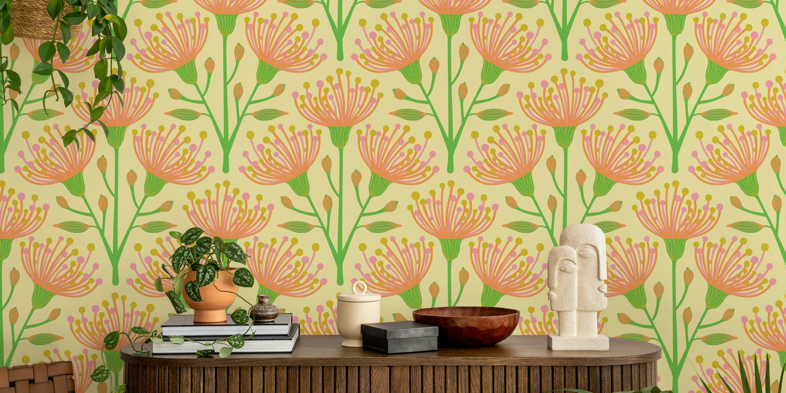 Floral pattern in pink and green on light yellow wallpaper
