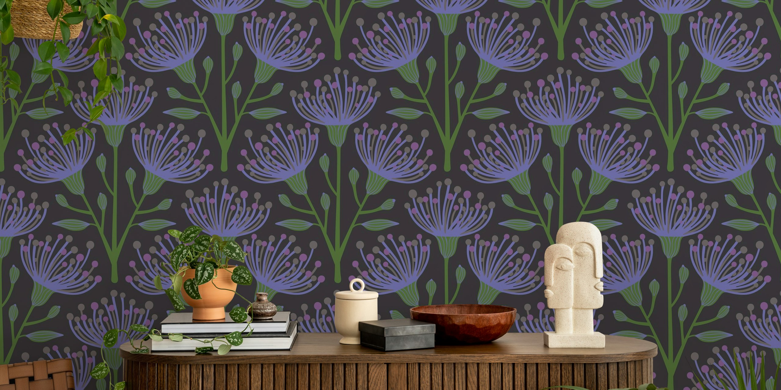 Eucalyptus floral pattern with purple flowers and green stems on dark background wallpaper