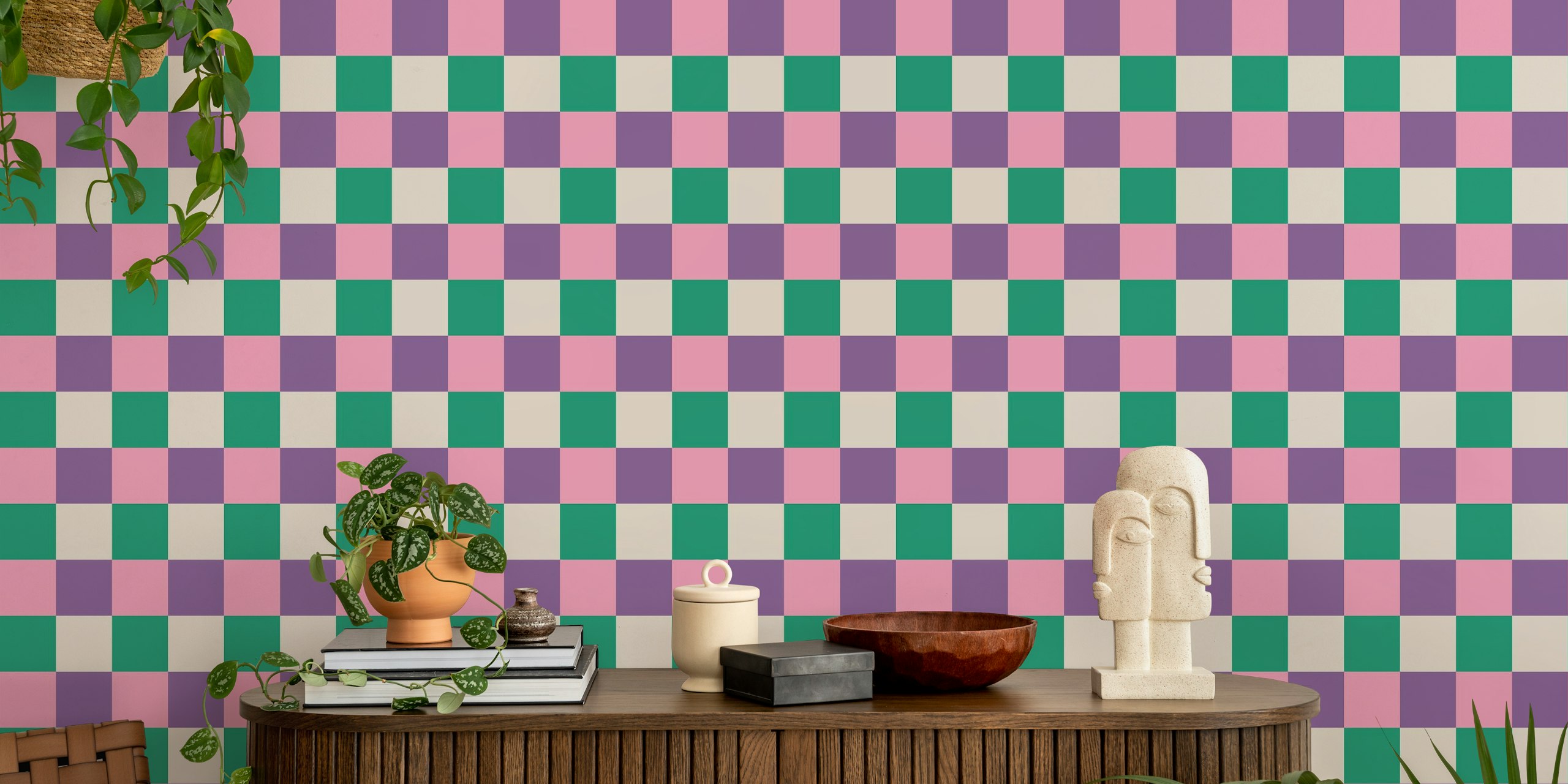 Retro-style checkerboard wall mural with alternating squares of pink, purple, and green