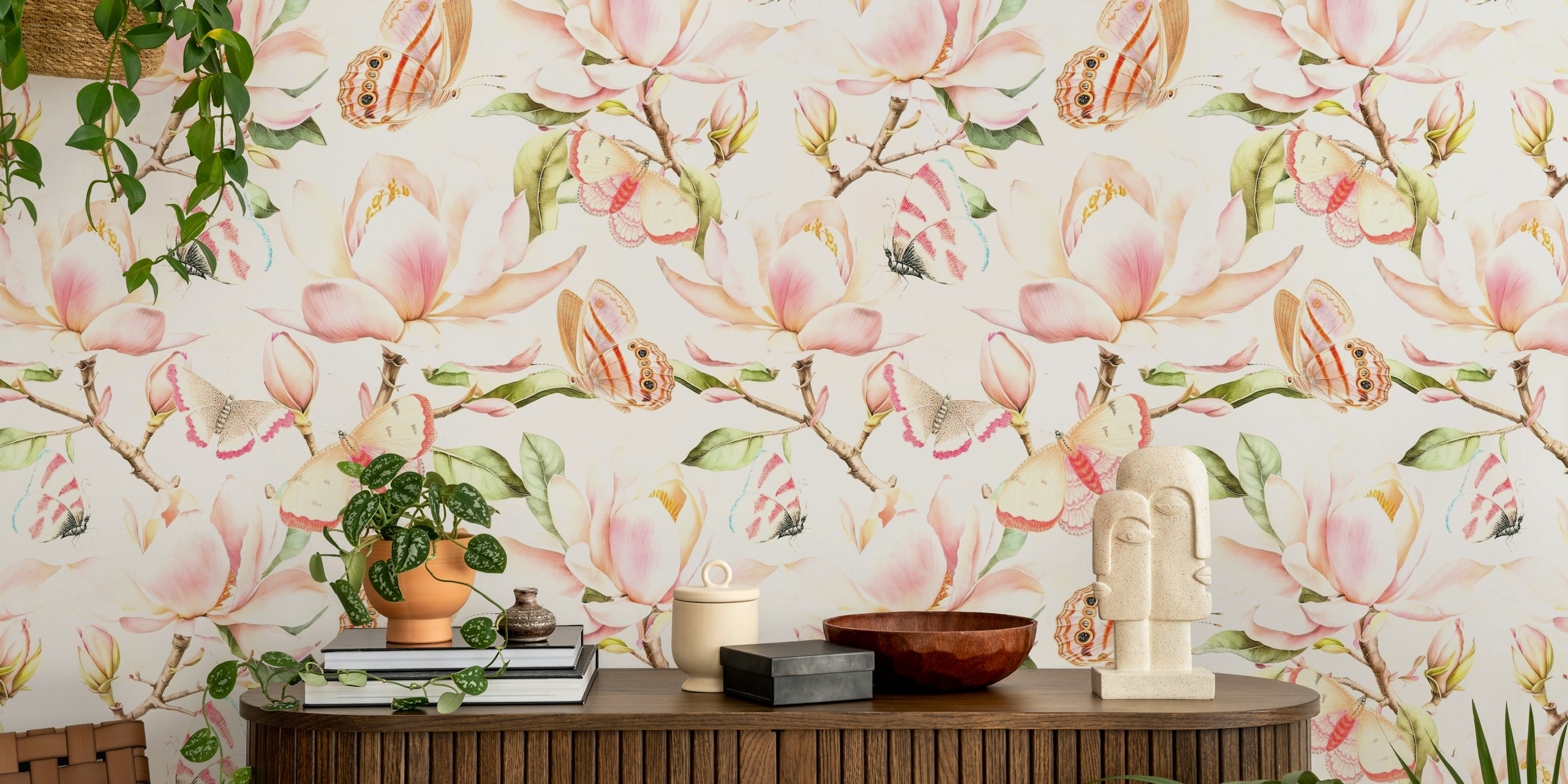 Papel de parede vintage de flores de primavera com magnólias e borboletas