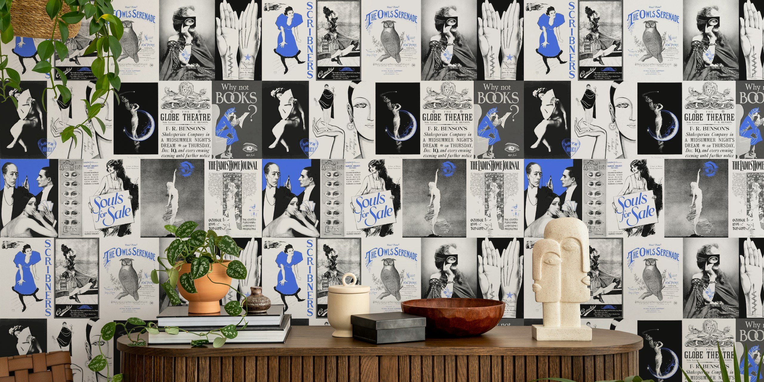 Vintage art collage wallpaper with blue and black patterns