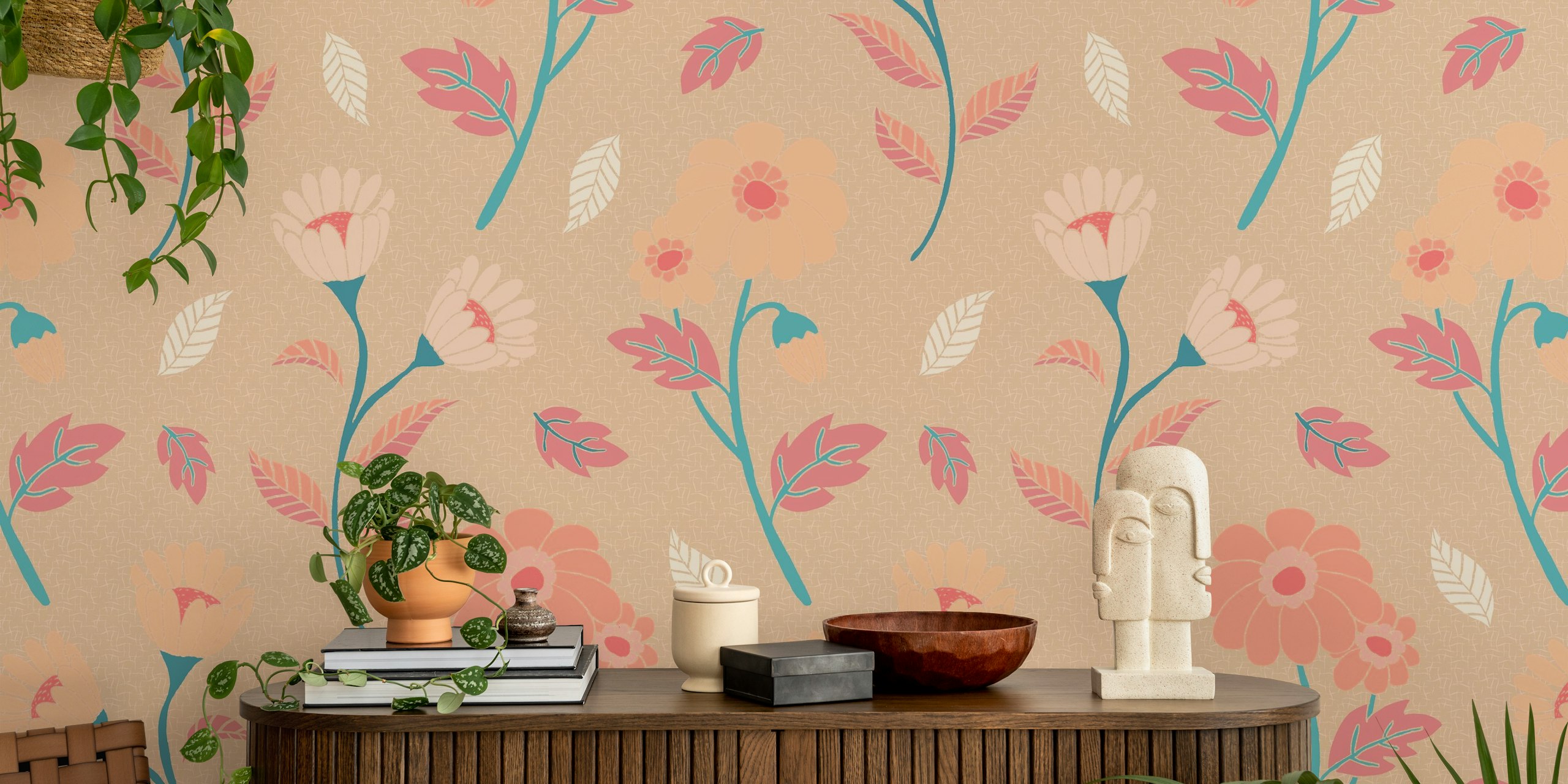 Peach Retro Flowers wallpaper design in a room