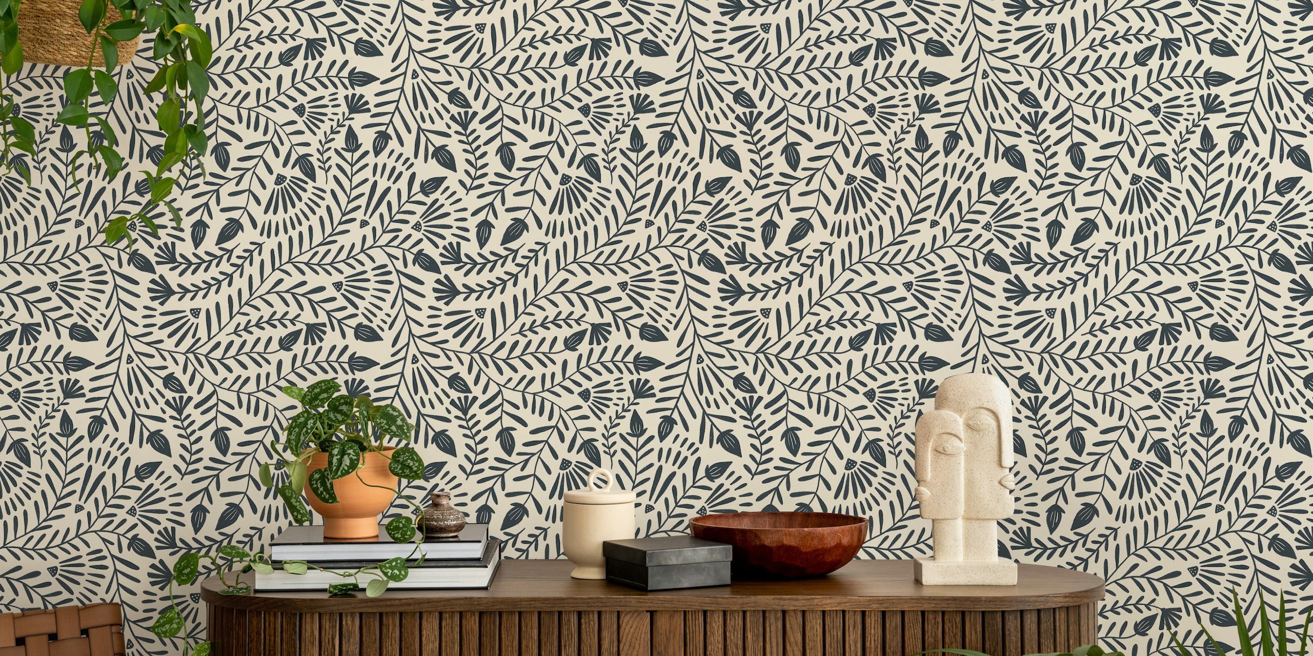 Monochrome floral pattern in dark blue on light beige wallpaper