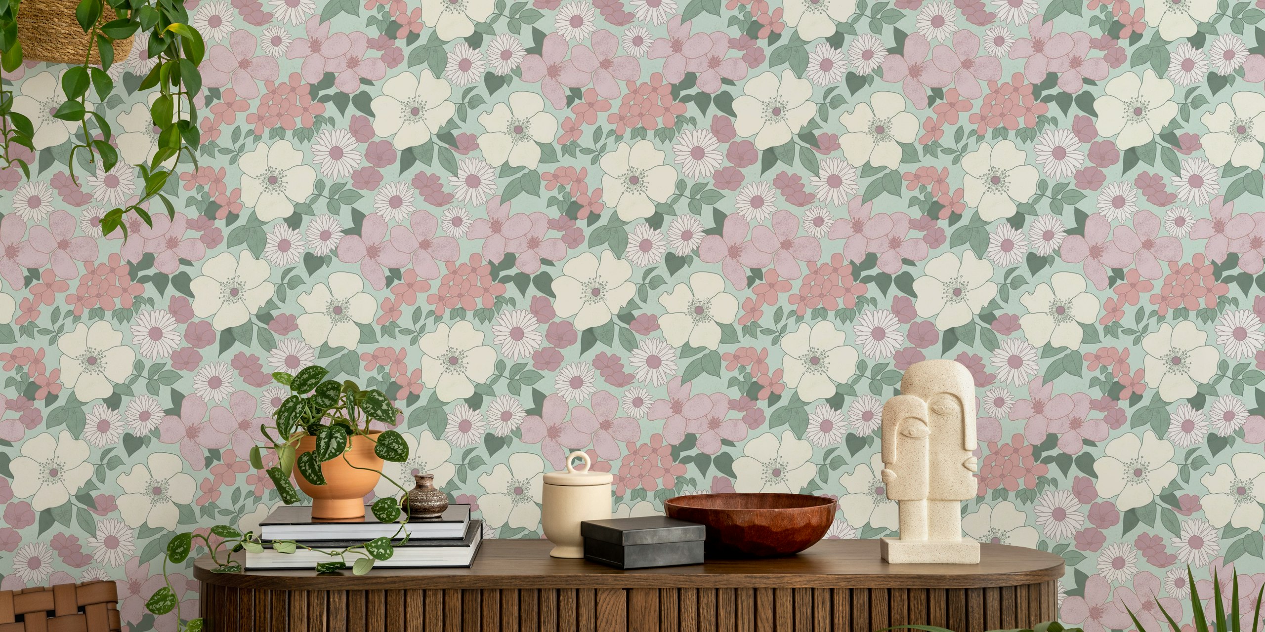 Retro floral wallpaper in dusty rose, green, and white tones