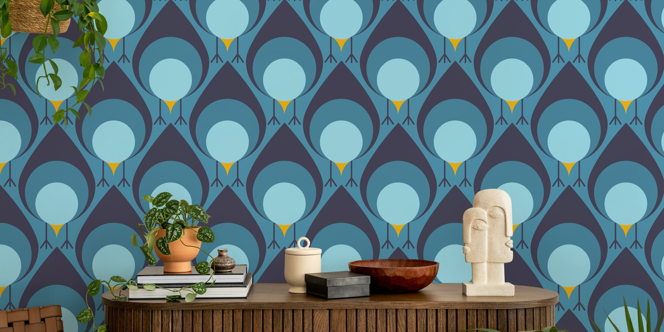 Bleu Birds wallpaper displayed in a room