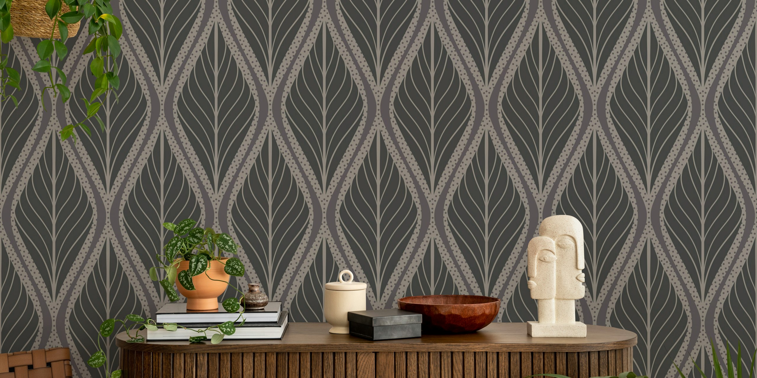 Stylized grey leaves on dark background Art Deco wallpaper