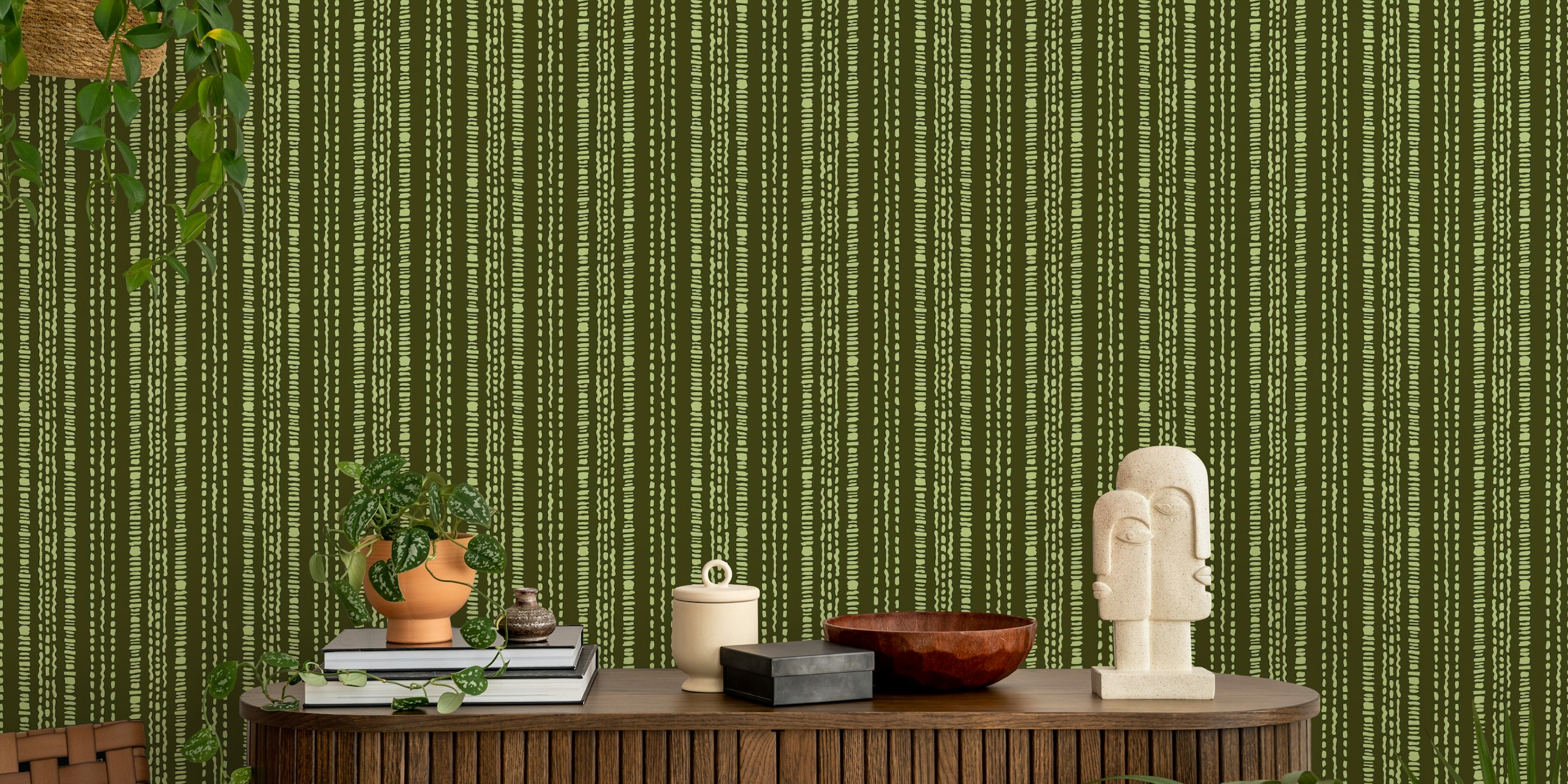Hand Drawn Boho Stripe Jungle Green Wall Mural