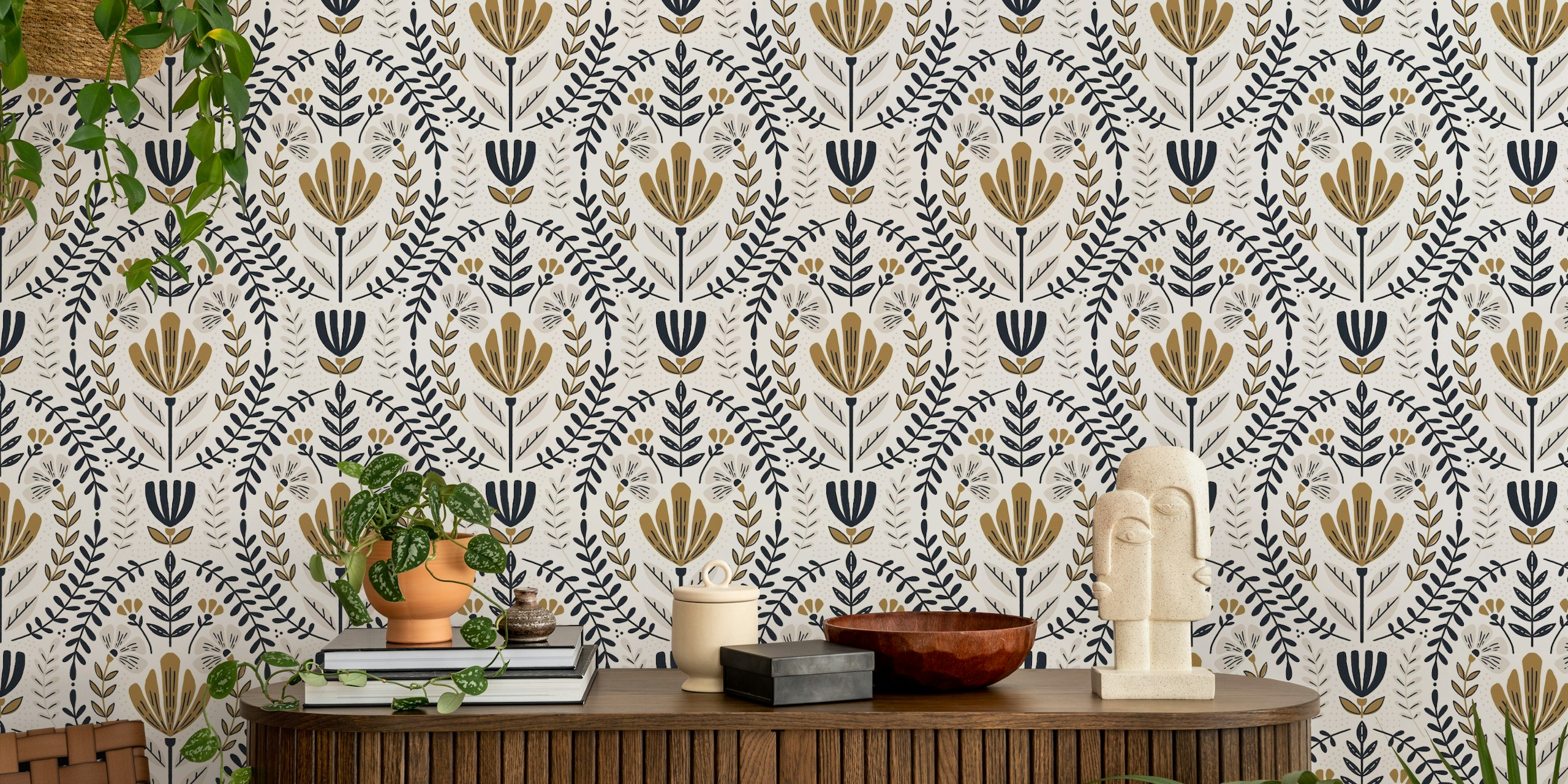 Beige floral wallpaper with black and gold leaf patterns