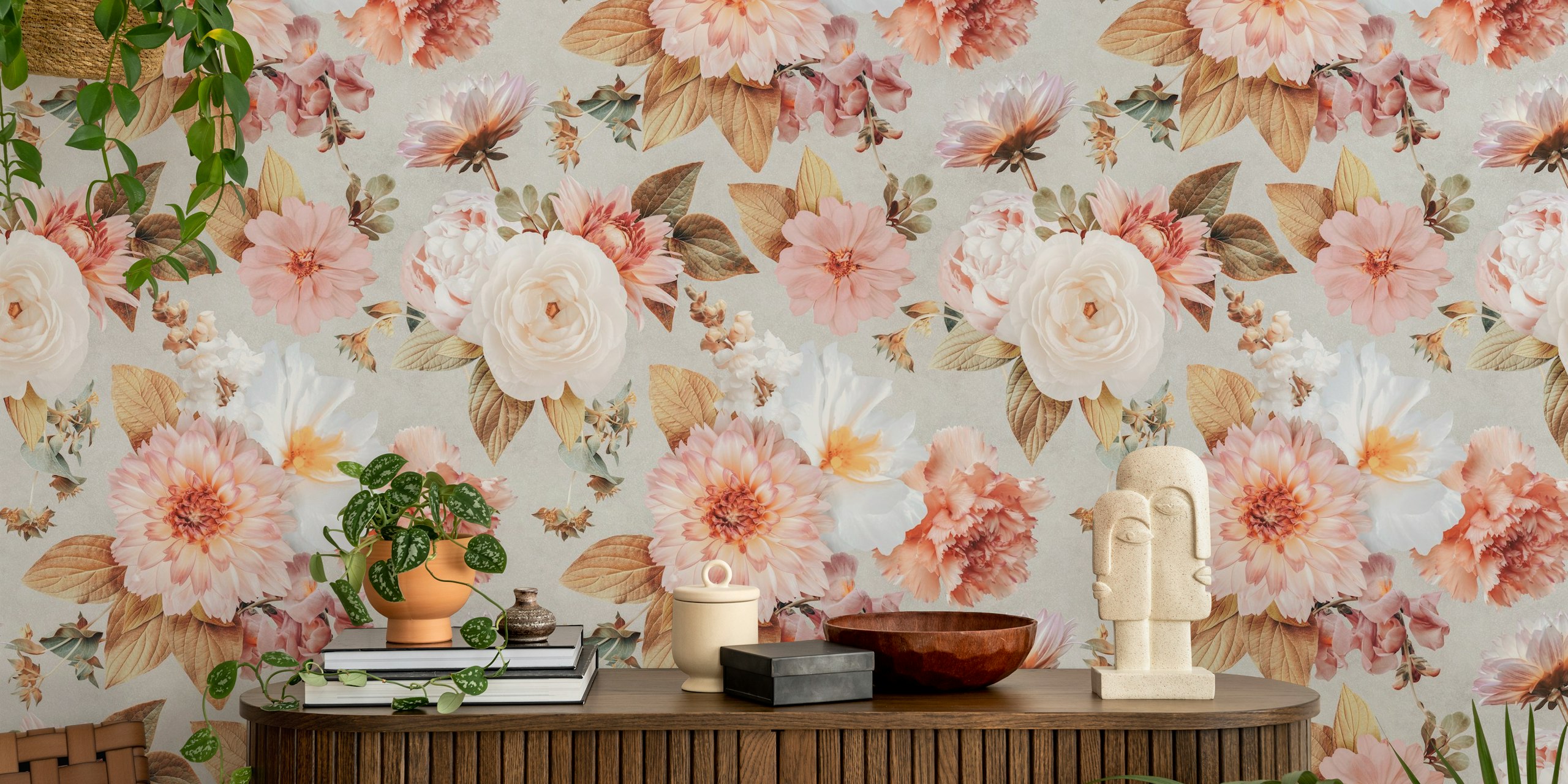 Pastel floral design with roses and leaves in soft colors wallpaper