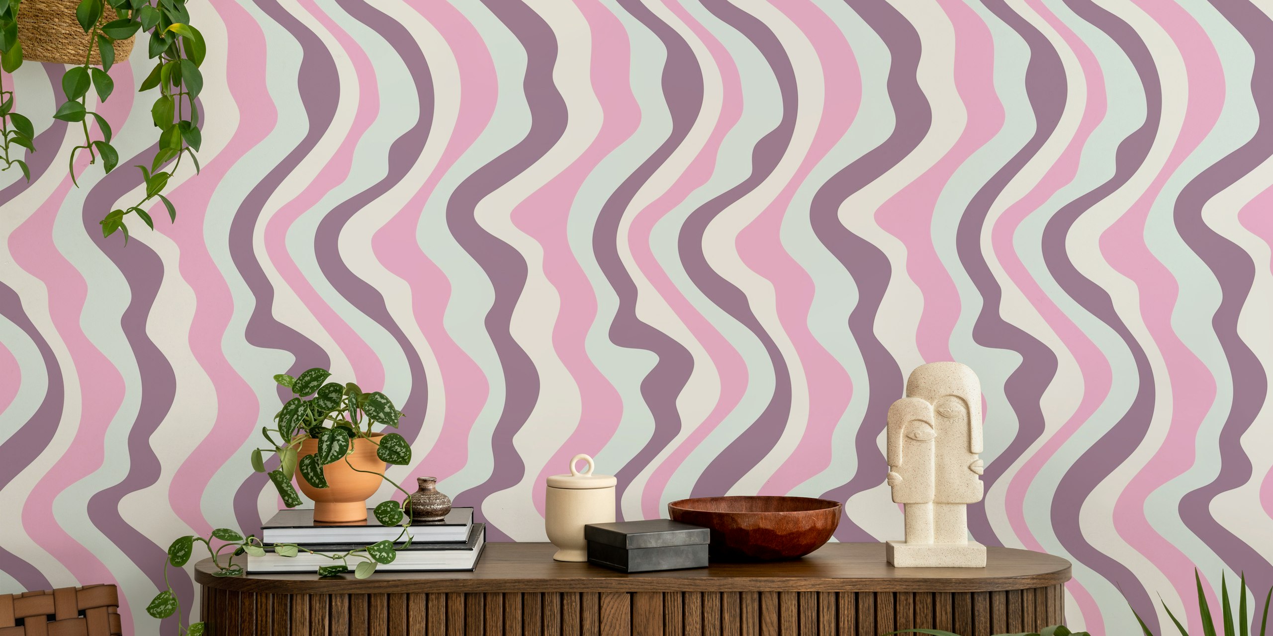 Wavy stripes in pastel pink, plum, and mint green wallpaper
