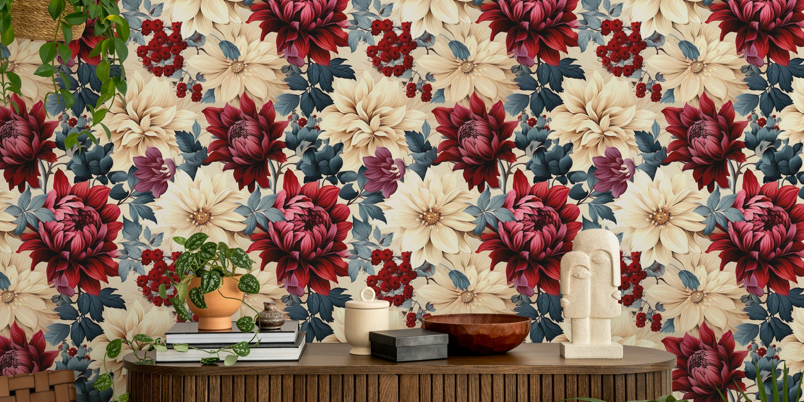 A close-up of the Whimsical Peony Delight wall mural showcasing red, blue, and cream peonies.