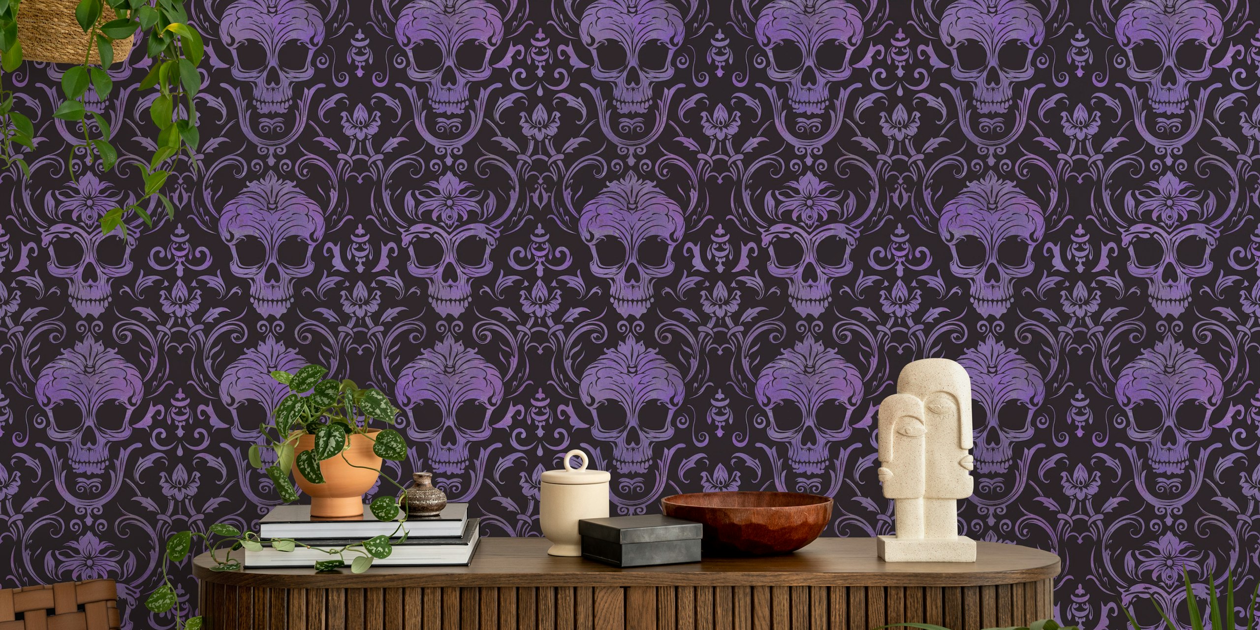 Purple skull damask pattern wallpaper with ornate elements
