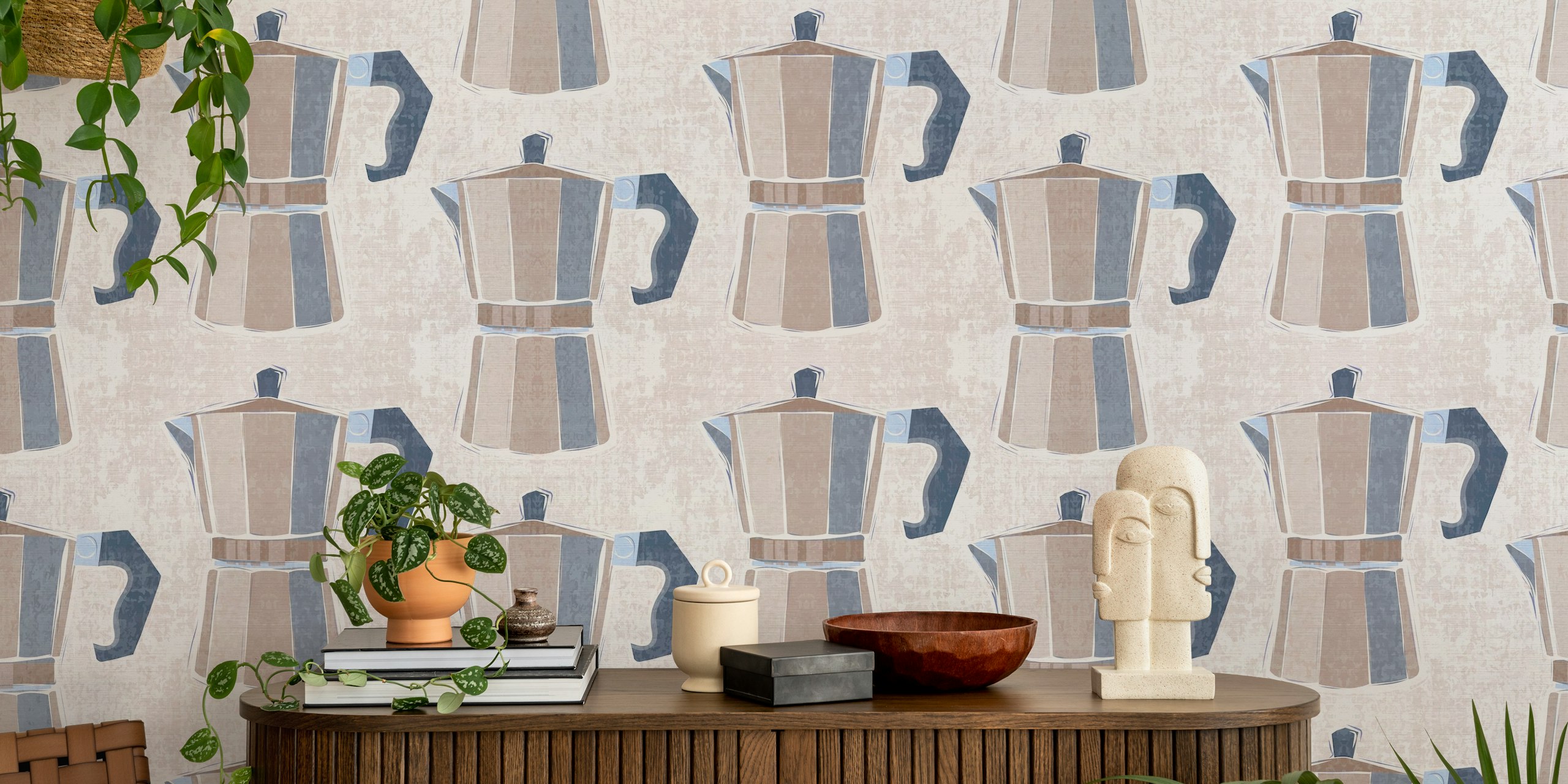 Fototapete im Pop-Art-Stil mit italienischen Kaffeemaschinen und Moka-Kannen in einer neutralen Farbpalette.