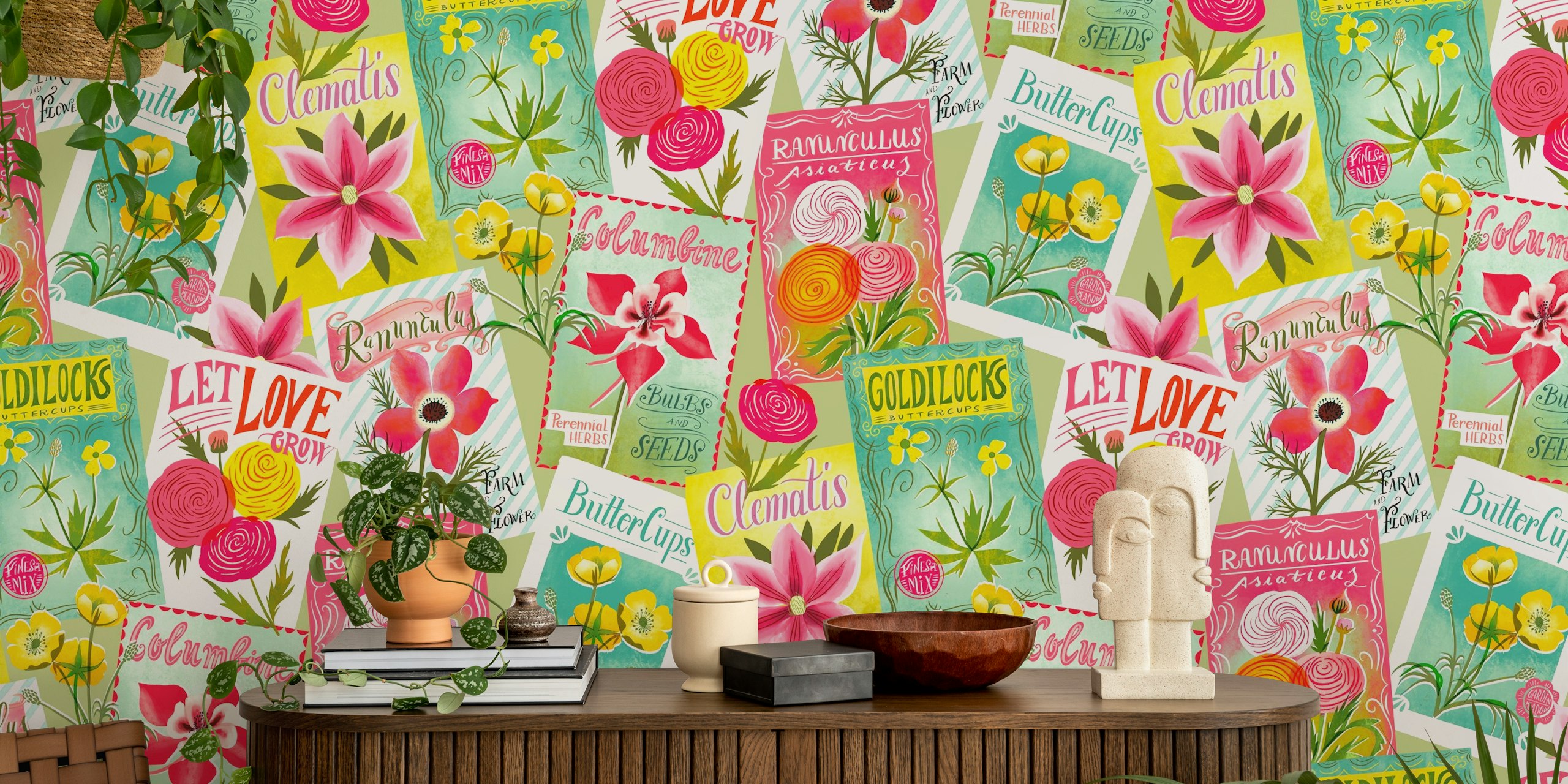 Vintage seed packets wallpaper design in a room