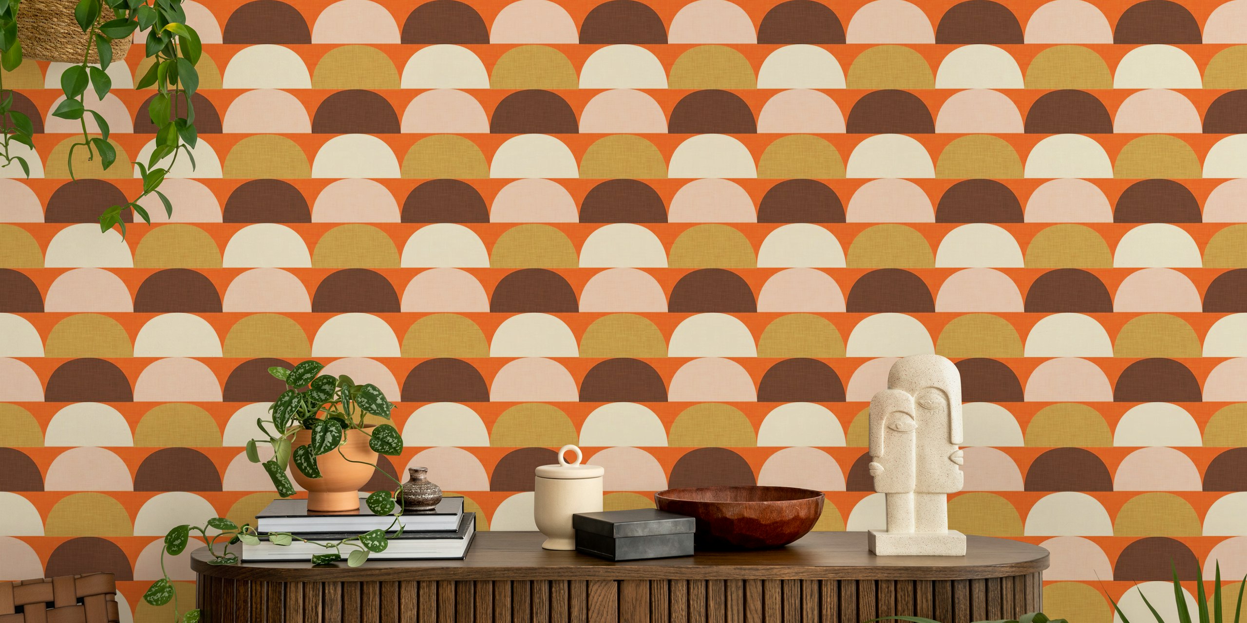Mid Century Modern orange arc pattern wallpaper