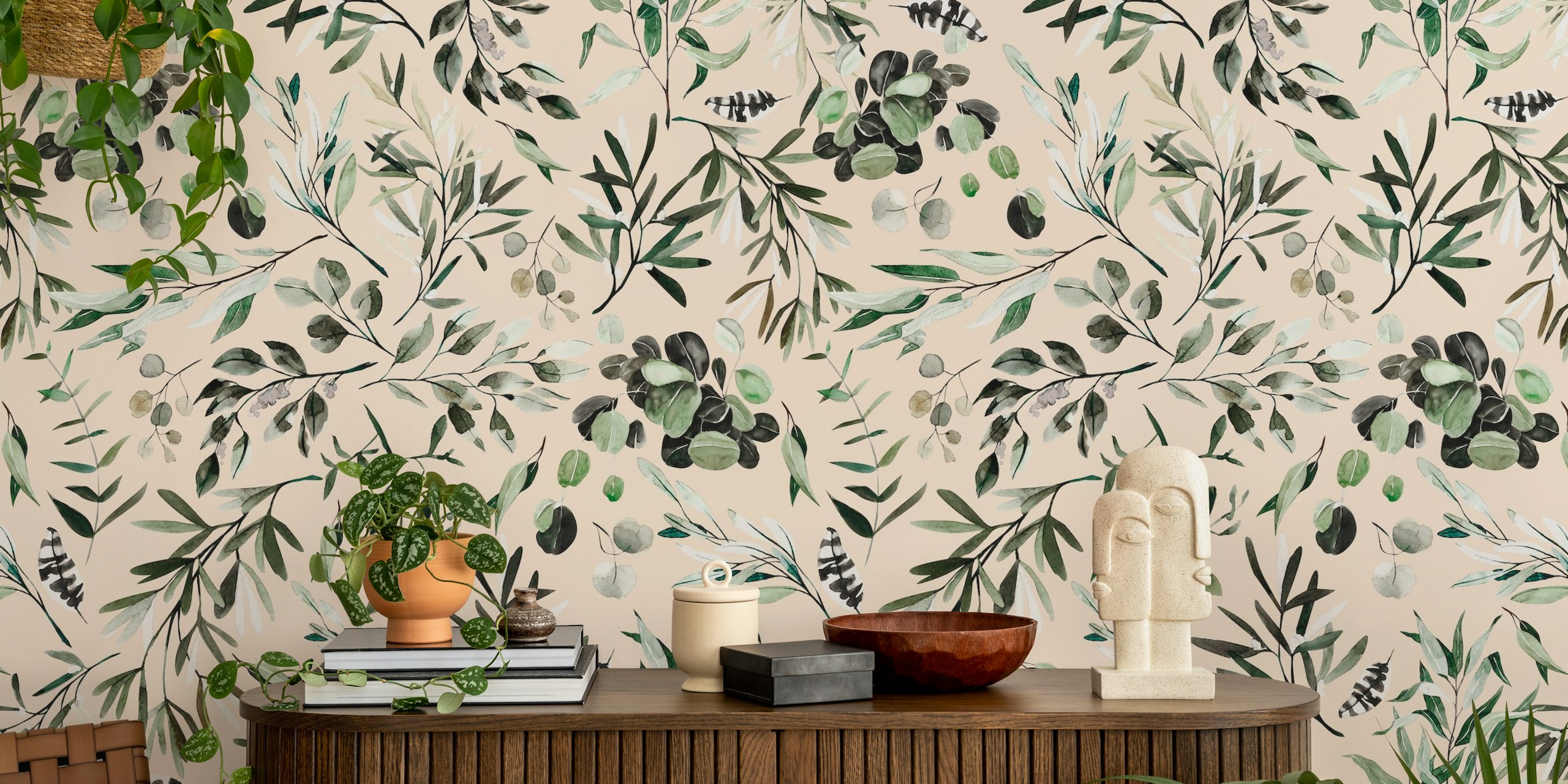 Wandpapier met botanisch groen en bessenmotief voor een natuurlijke interieur vibe