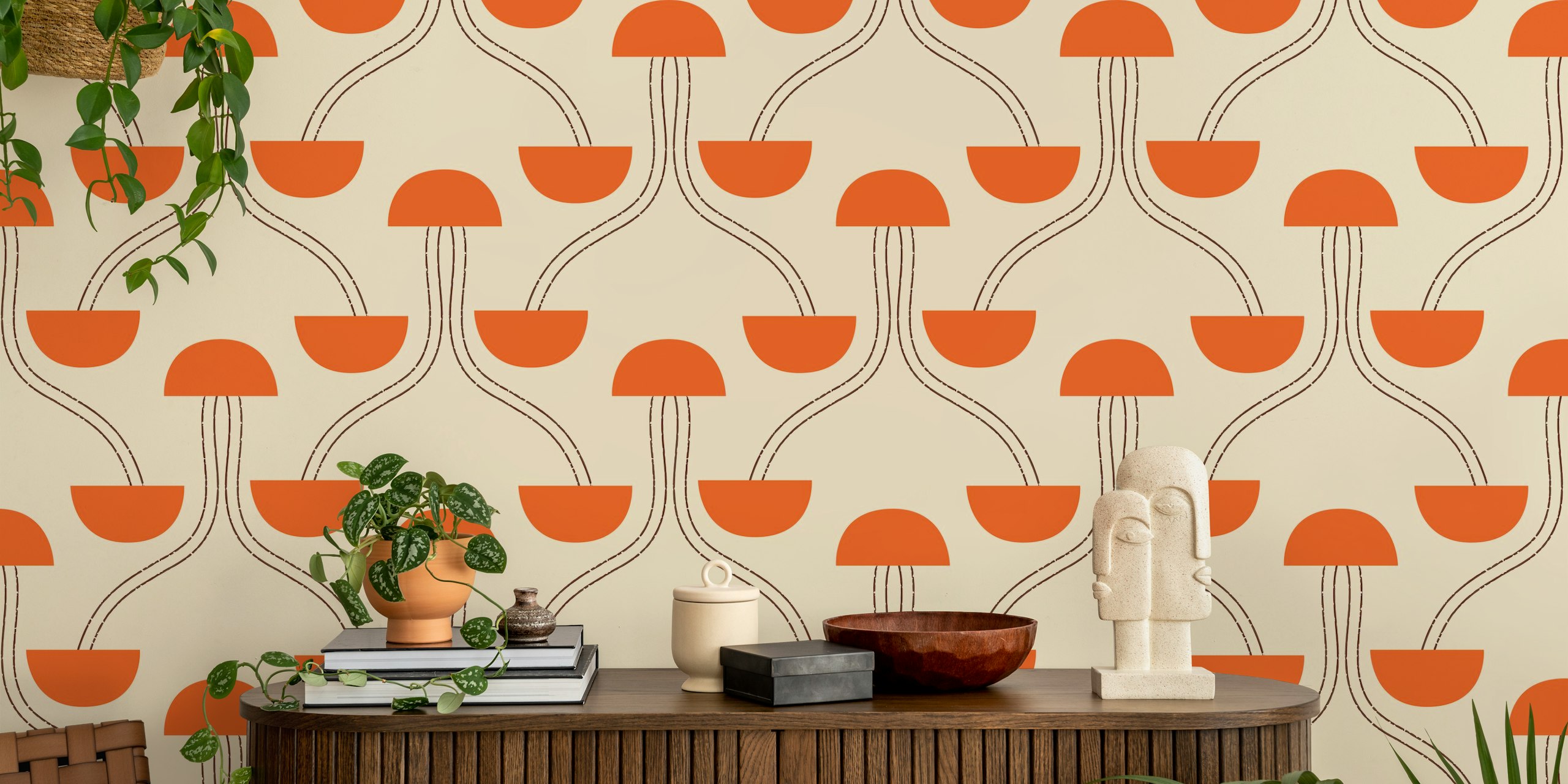 Mid-century modern beige wallpaper with orange pod shapes and lines