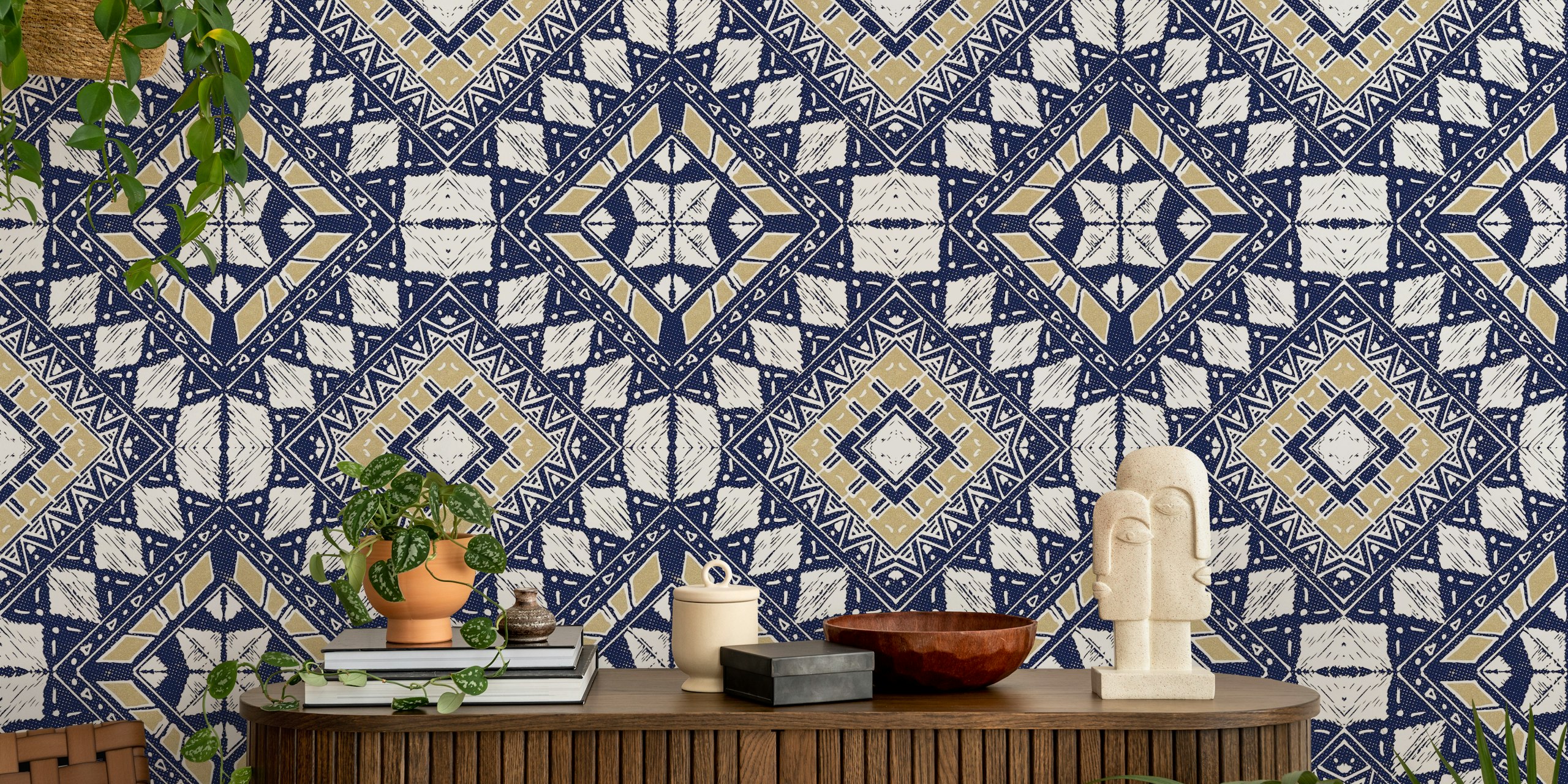 Geometric tribal pattern in navy blue and gold colors wallpaper