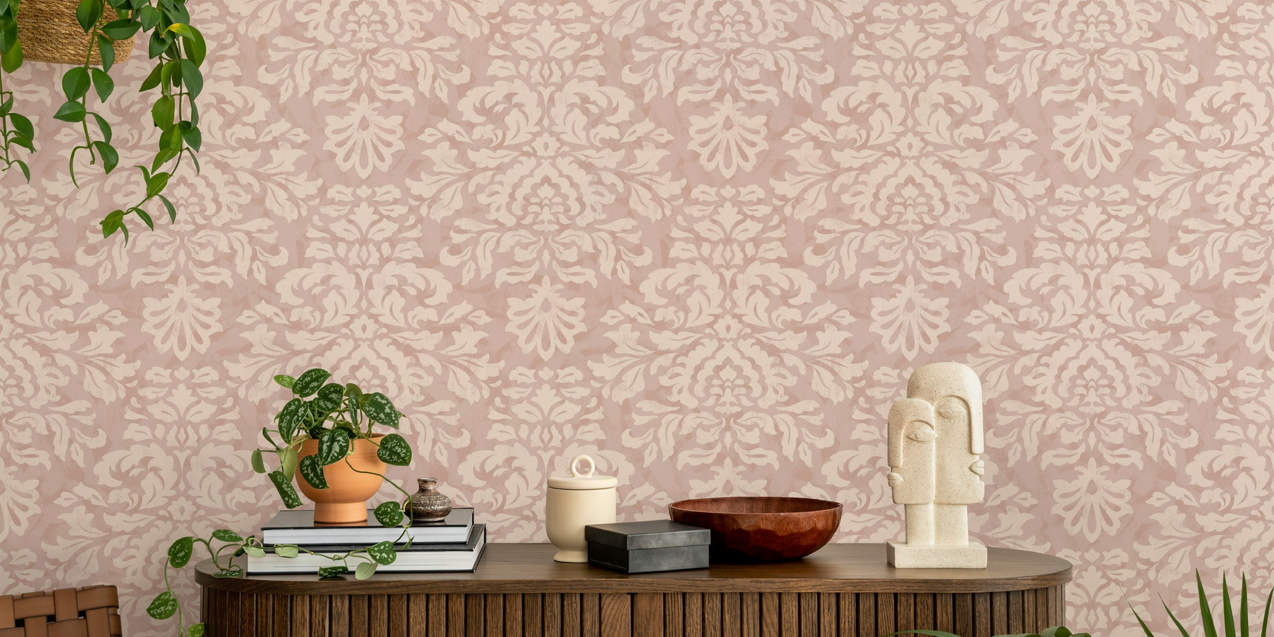 Damask dusty rose wallpaper displayed in a room