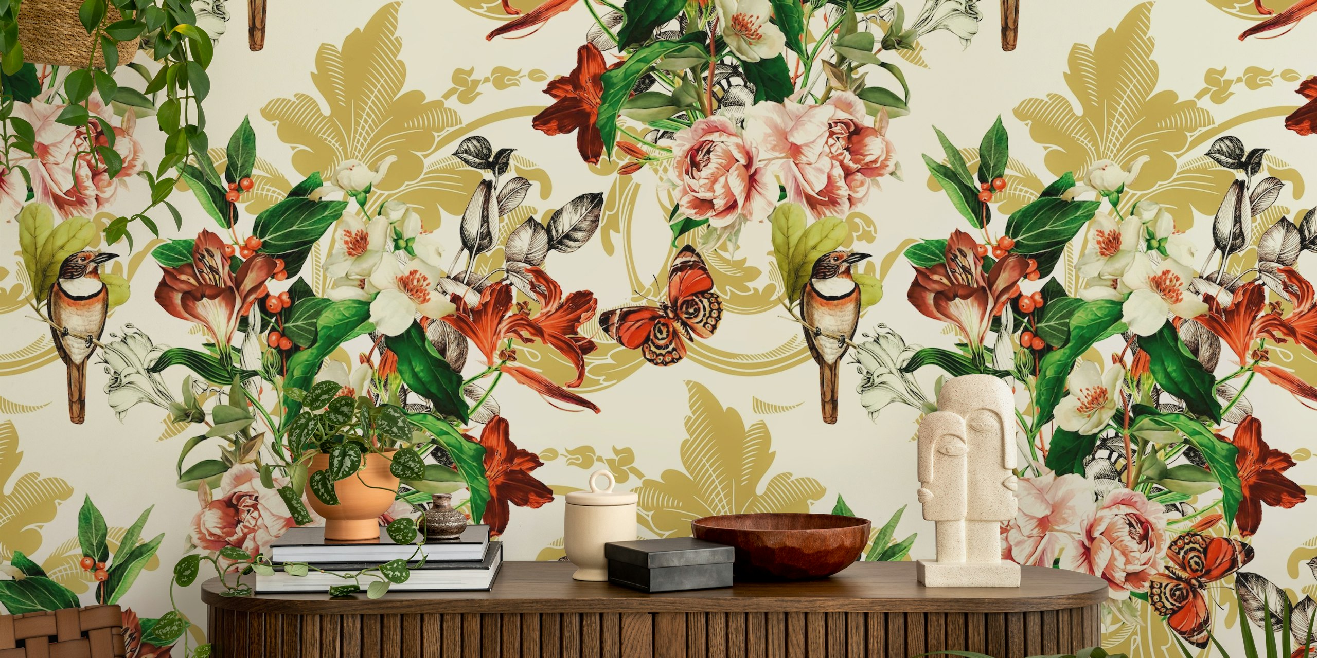 Floral wallpaper with birds, flowers, and butterflies in vibrant colors