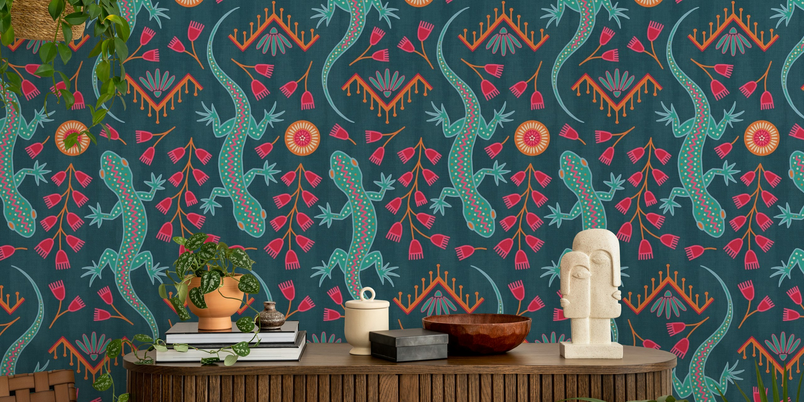 Colorful blue and teal lizards wallpaper