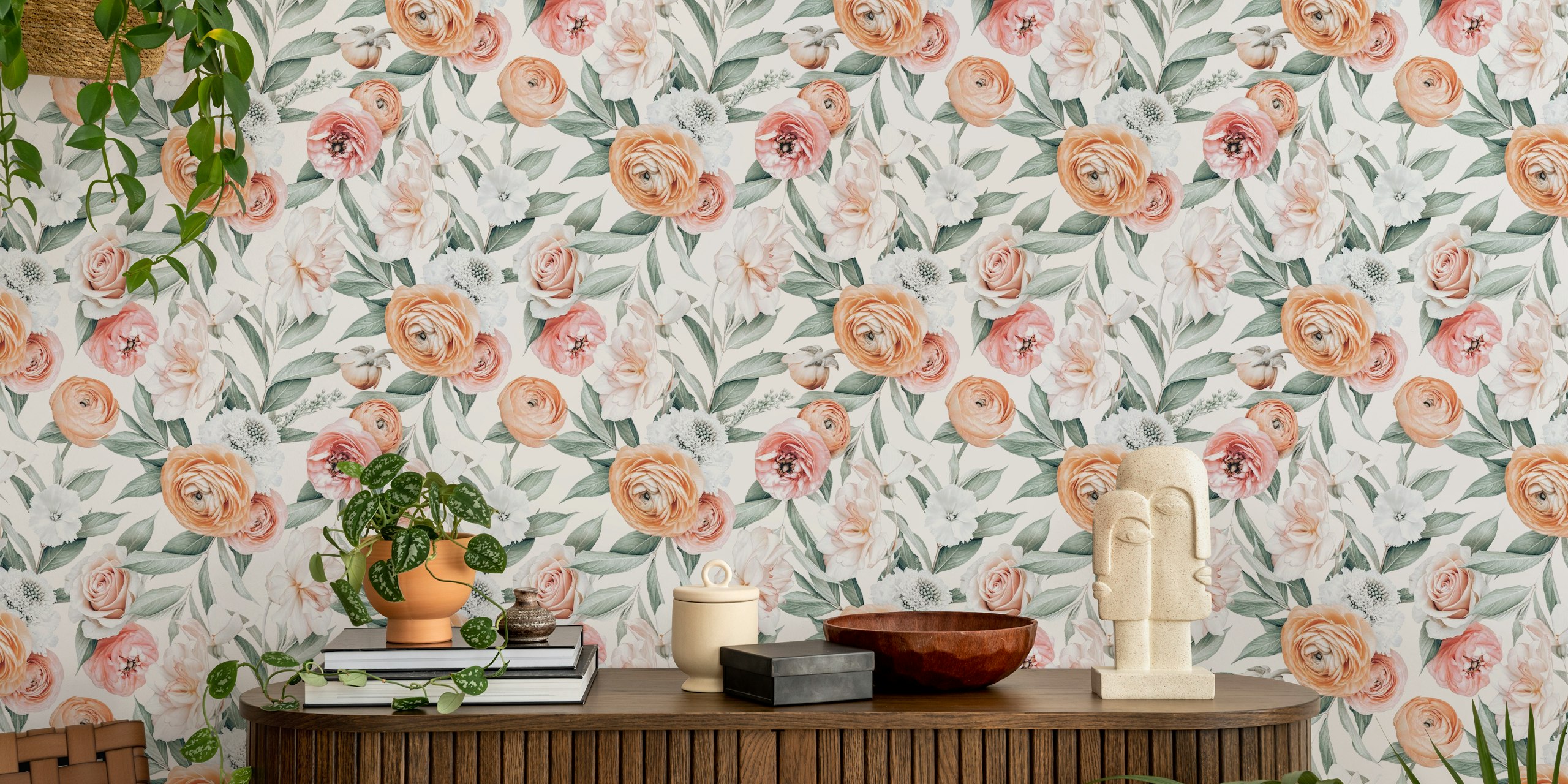 Design de papel de parede floral em um quarto