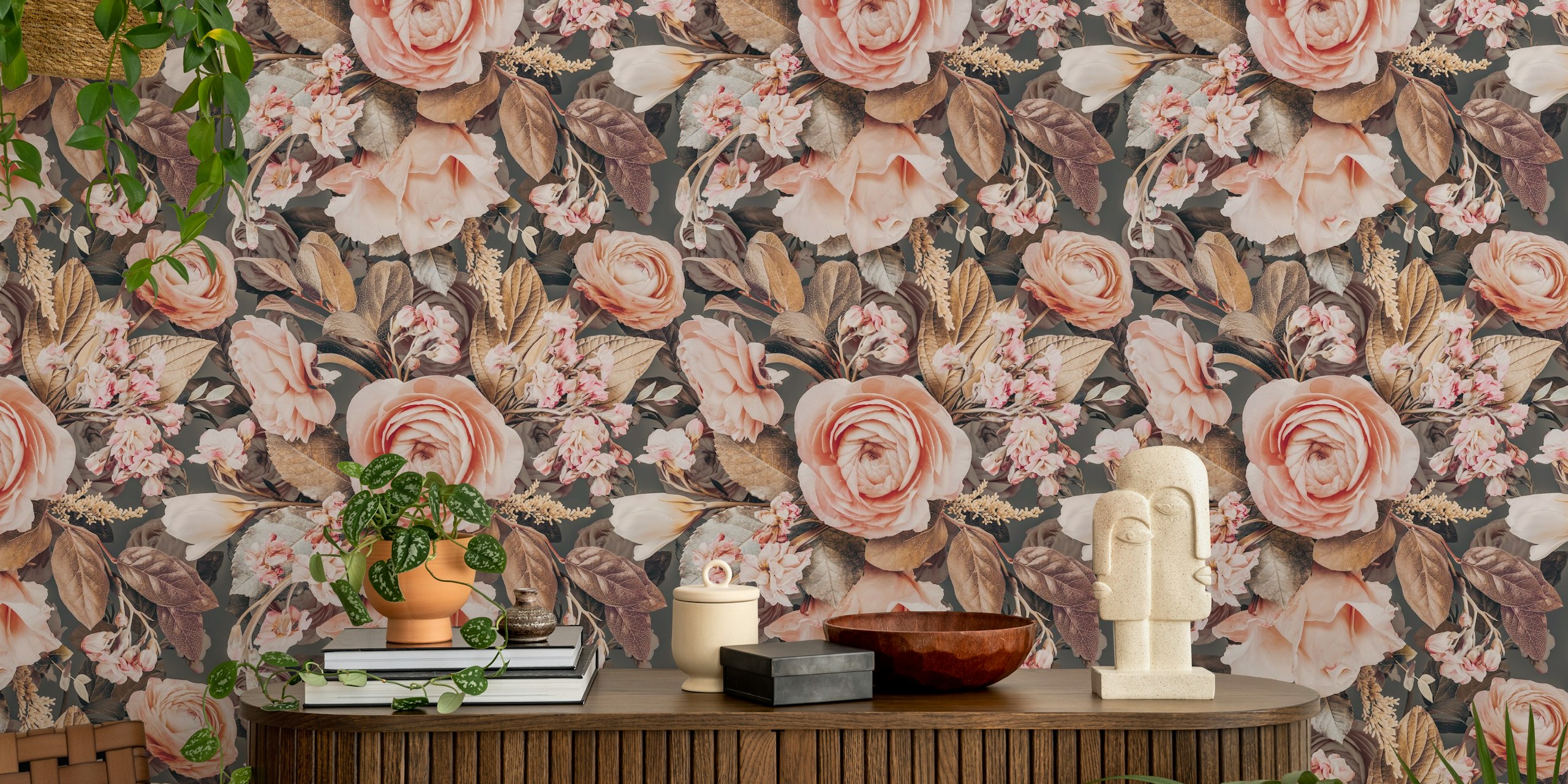 Ethereal Rose Oasis wall mural with soft pink roses on a dark background