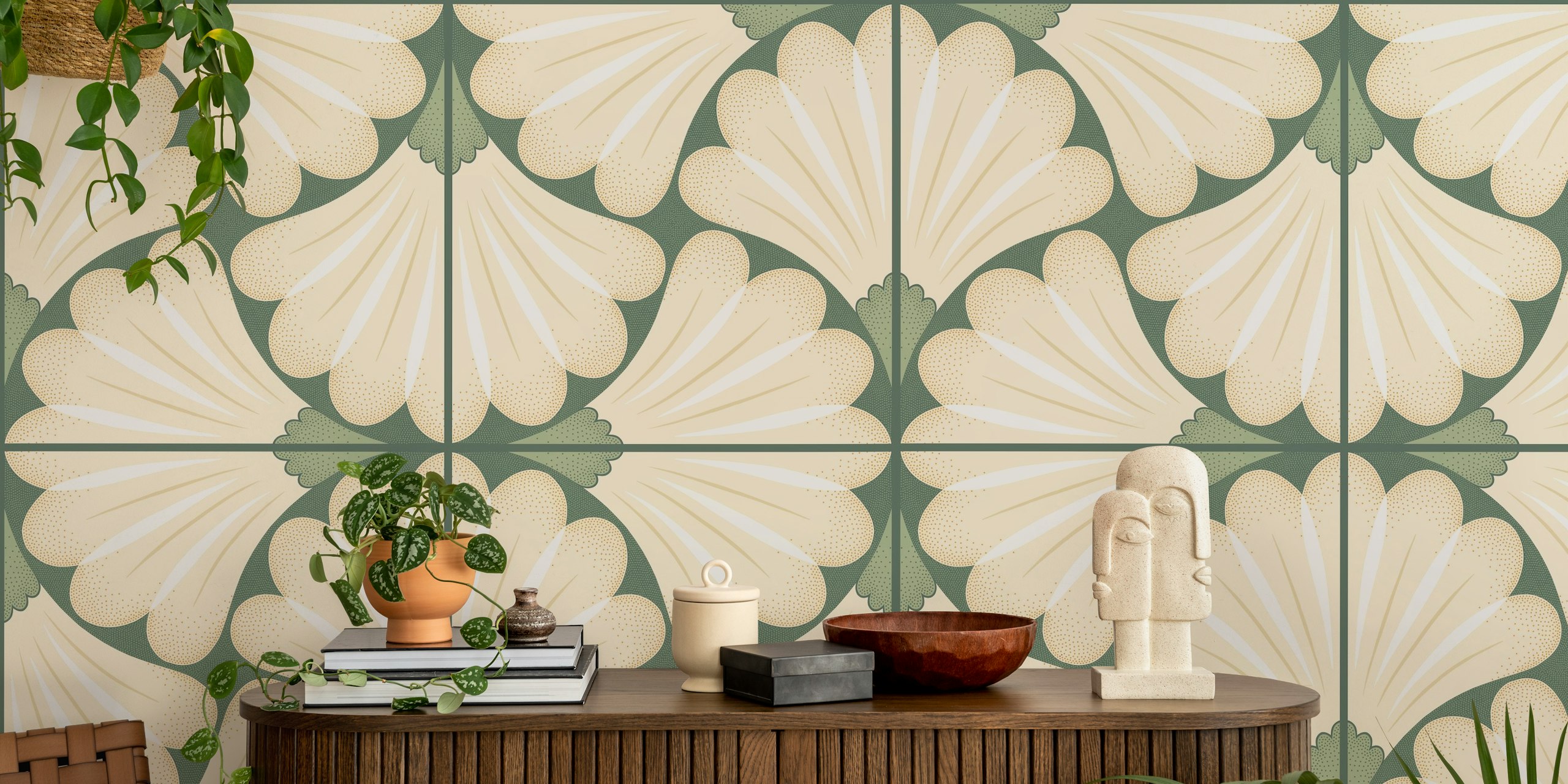 Stylized floral pattern wall mural in offwhite and green, reminiscent of classic tile design