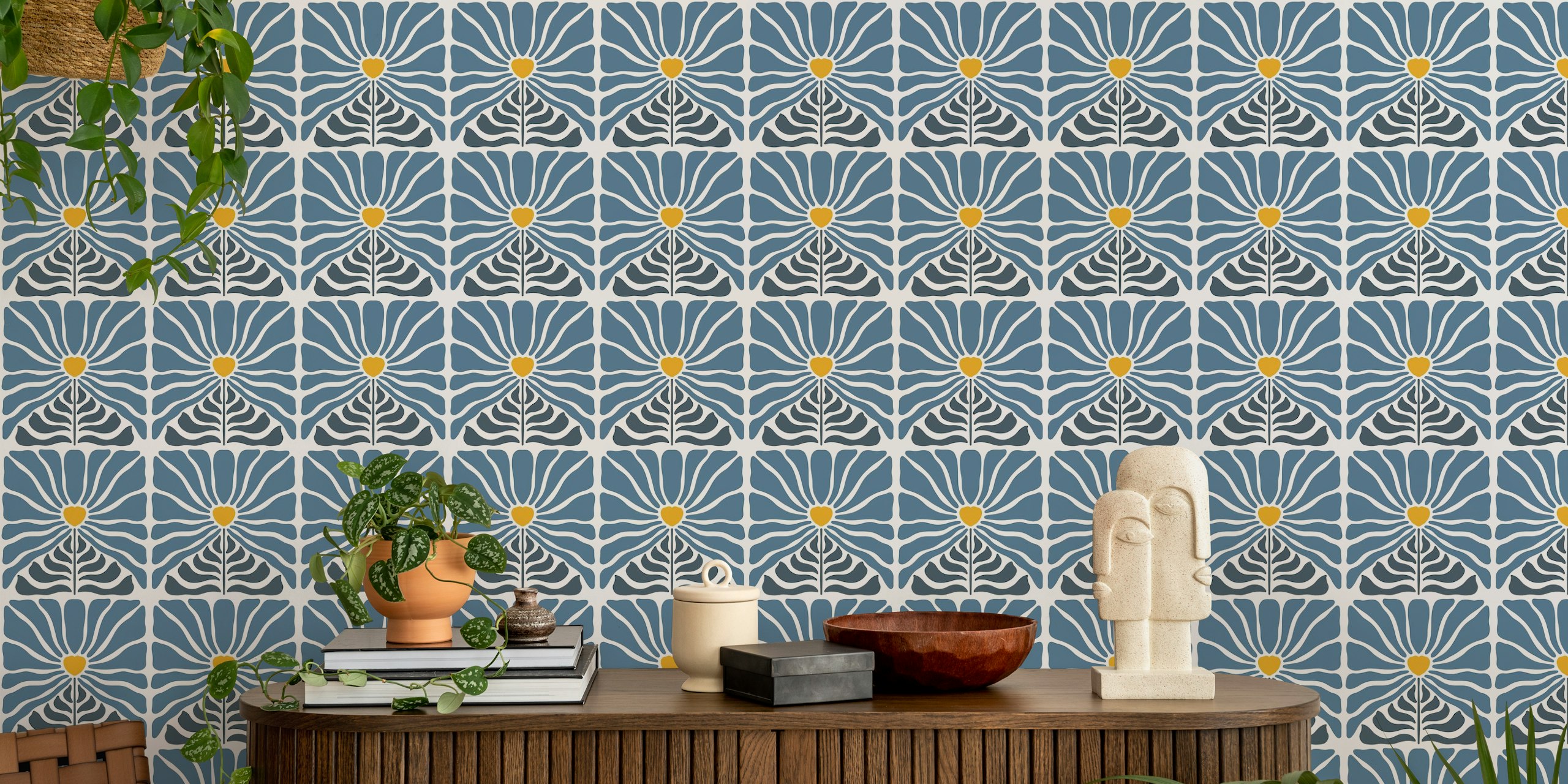 Vintage-inspired wall mural featuring blue flowers with yellow centers on a retro patterned background
