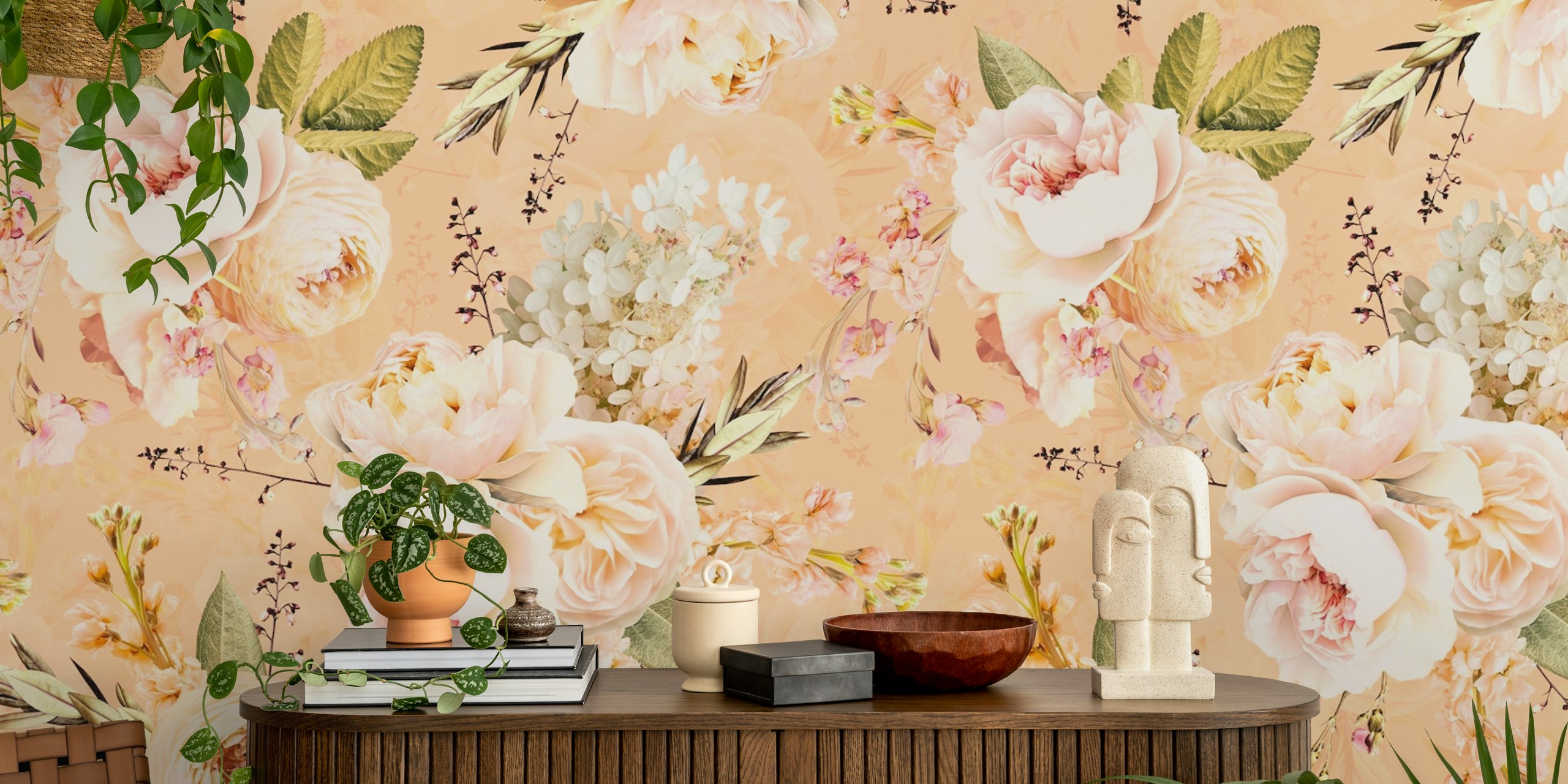 Elegant peach spring flower bouquets wall mural with pastel floral patterns