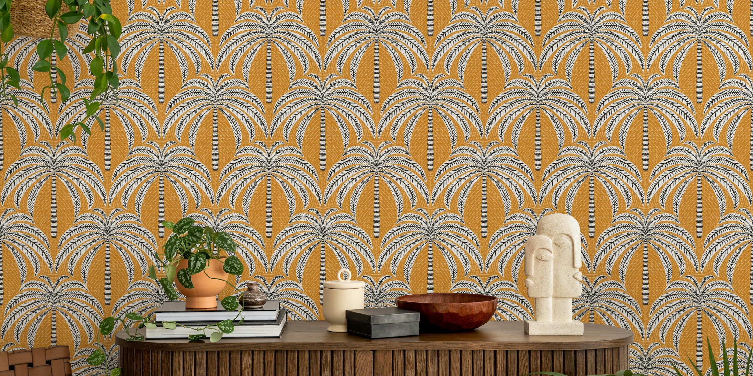 Stylized palm tree pattern wall mural with warm desert hues