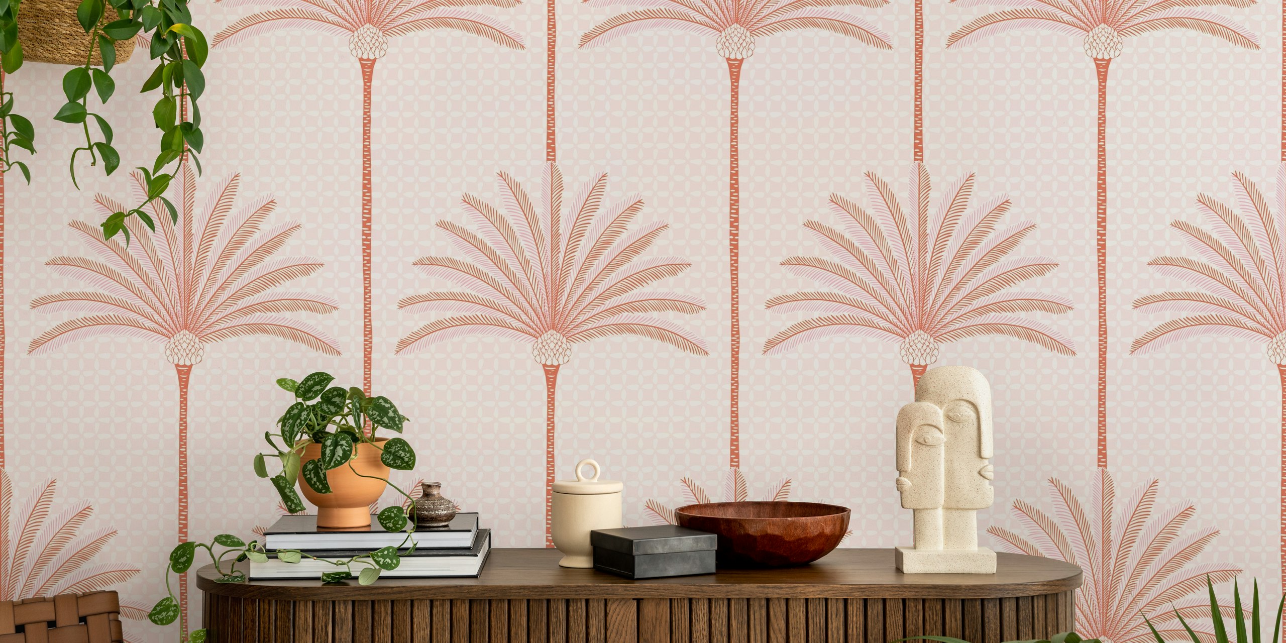 Palm Stripes pink wallpaper displayed in a room