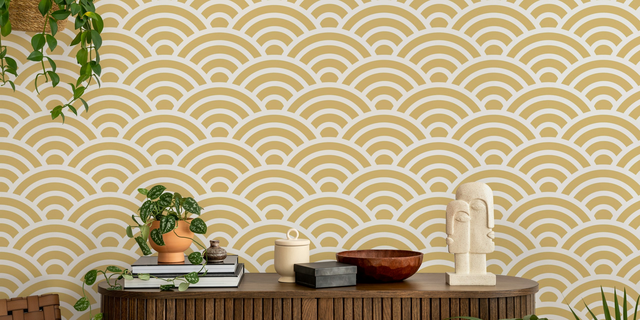 Seigaiha wave motif 2 Gold papel de parede em um cômodo
