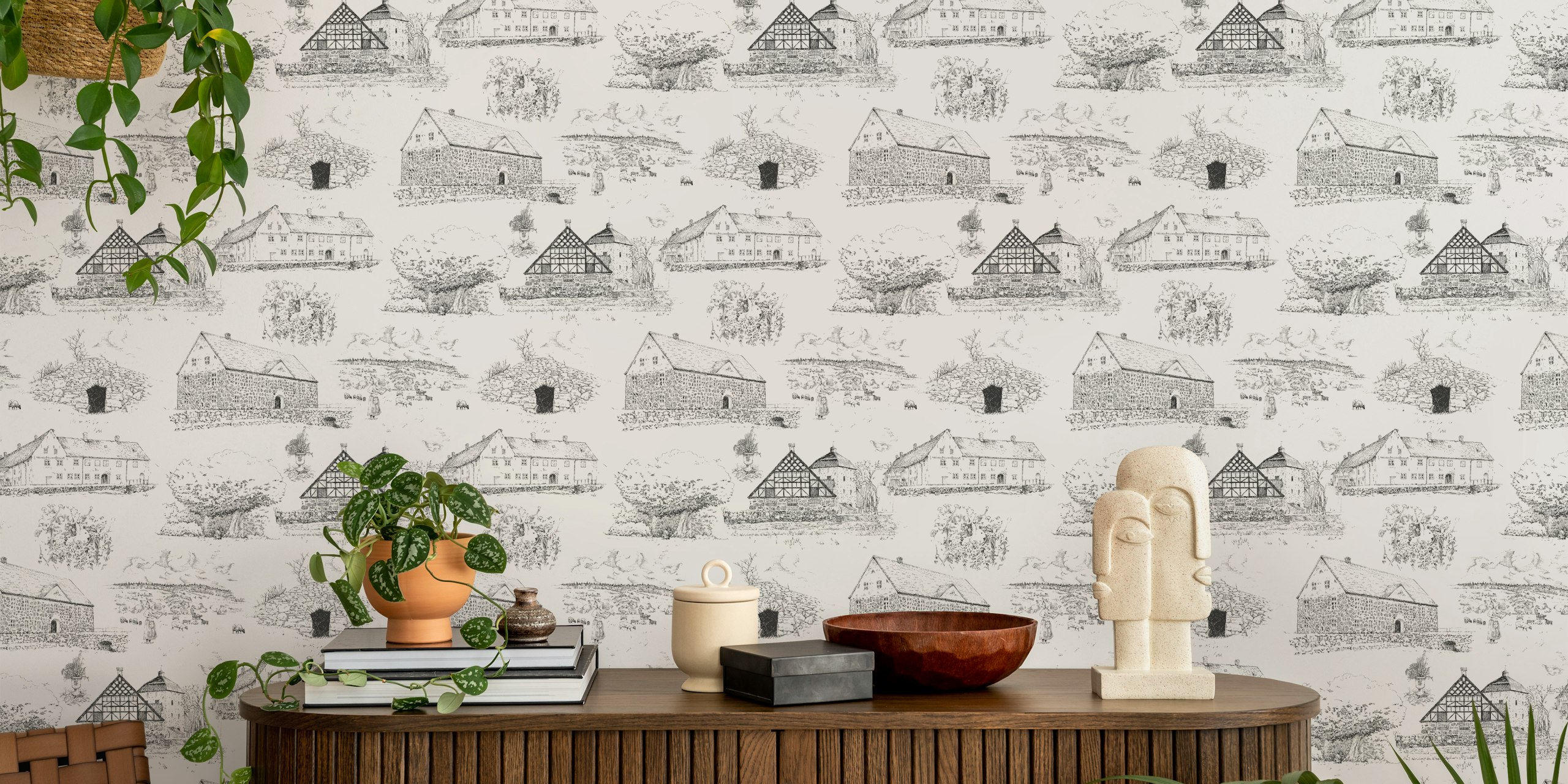 Illustration de châteaux et arbres en noir et blanc wallpaper