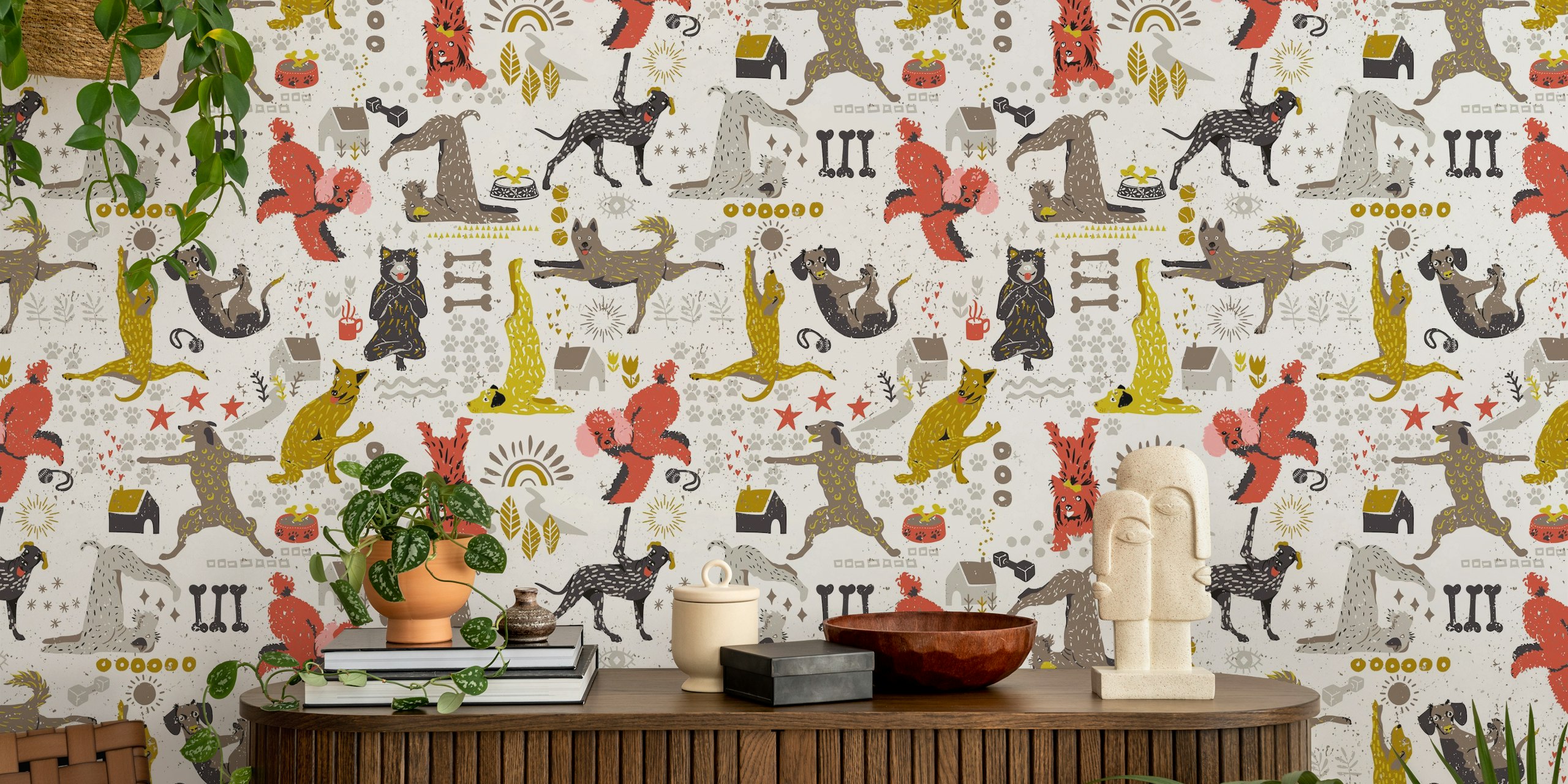 Yoga dogs wallpaper in a cheerful room setting