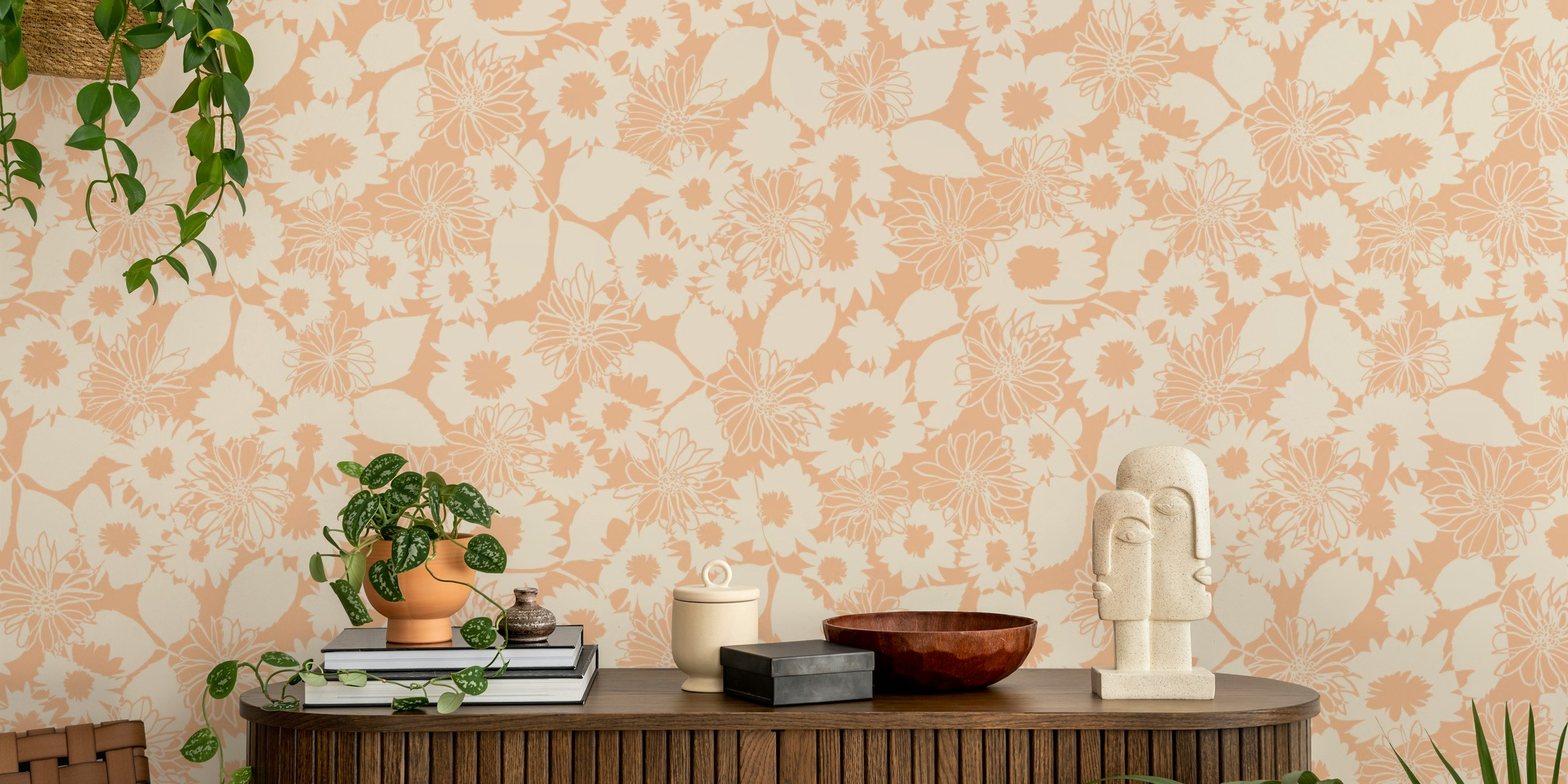 Abstract floral pattern wall mural in pastel peach tones
