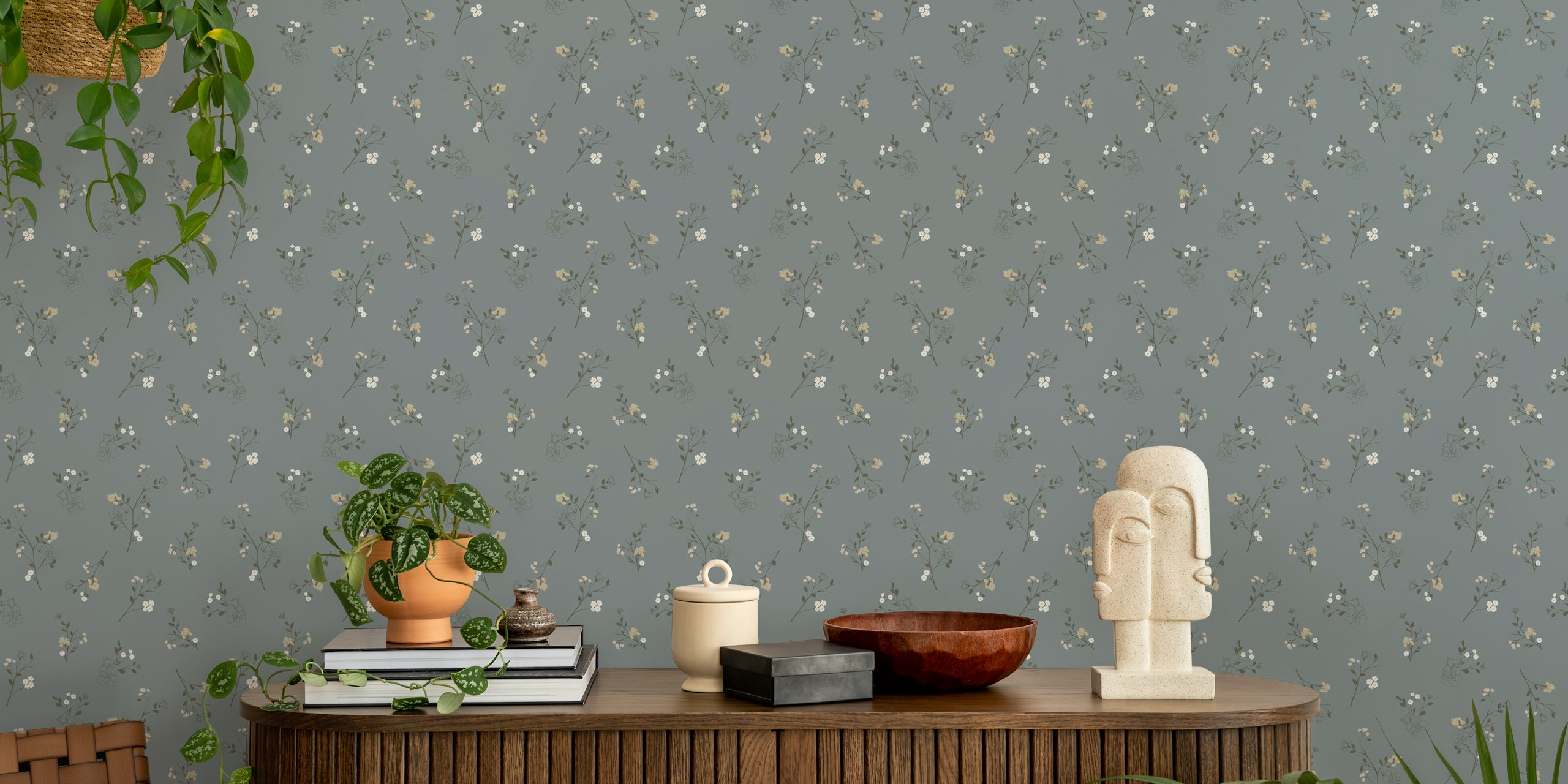 Floral Romantic Whisper Trust wall mural with serene blue backdrop and soft white and beige flowers