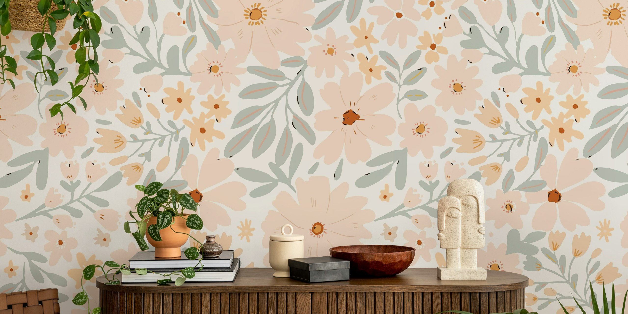 Pink floral wallpaper with soft beige and green leaves in a modern style
